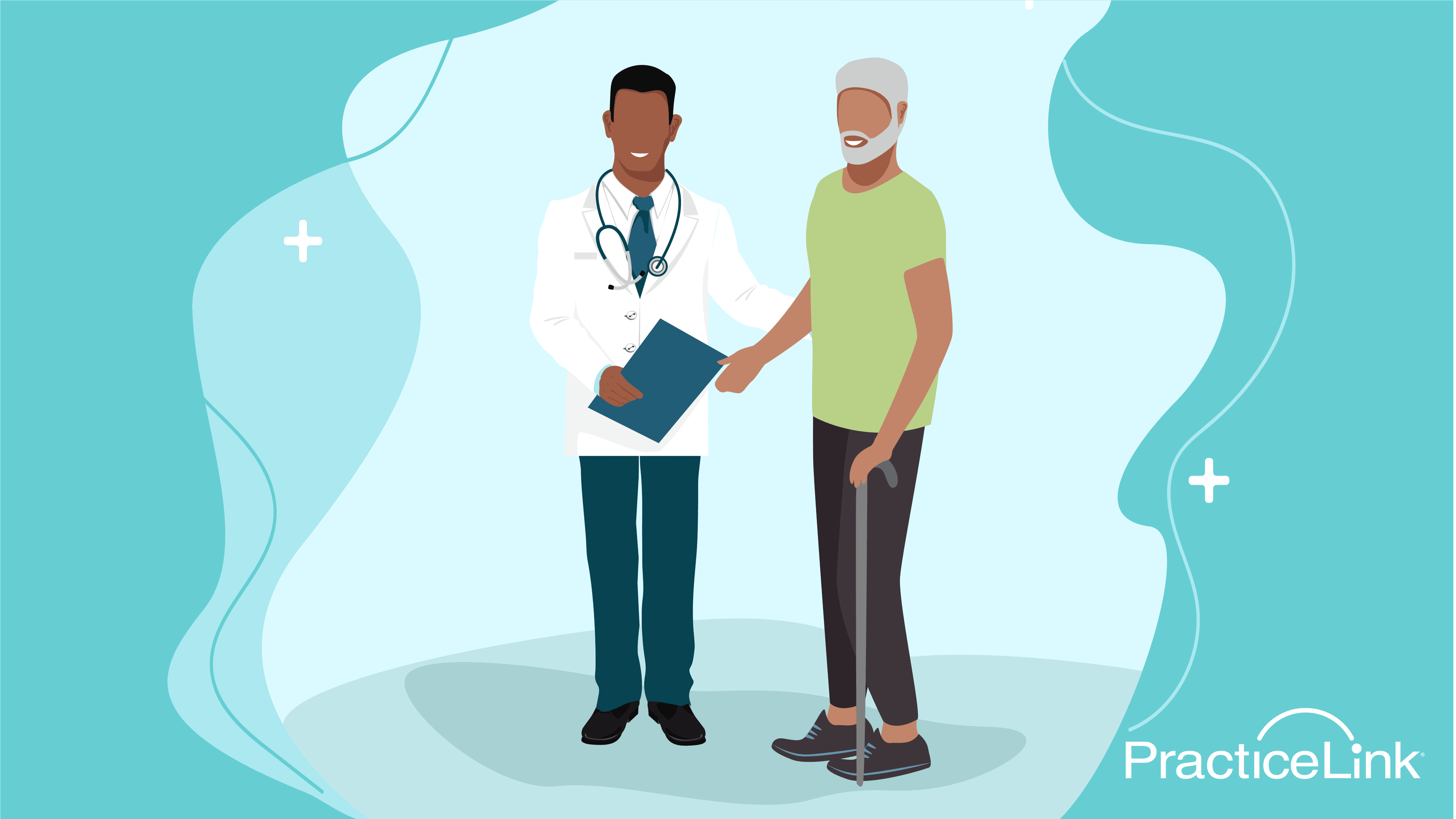Animated image of doctor providing elder care.