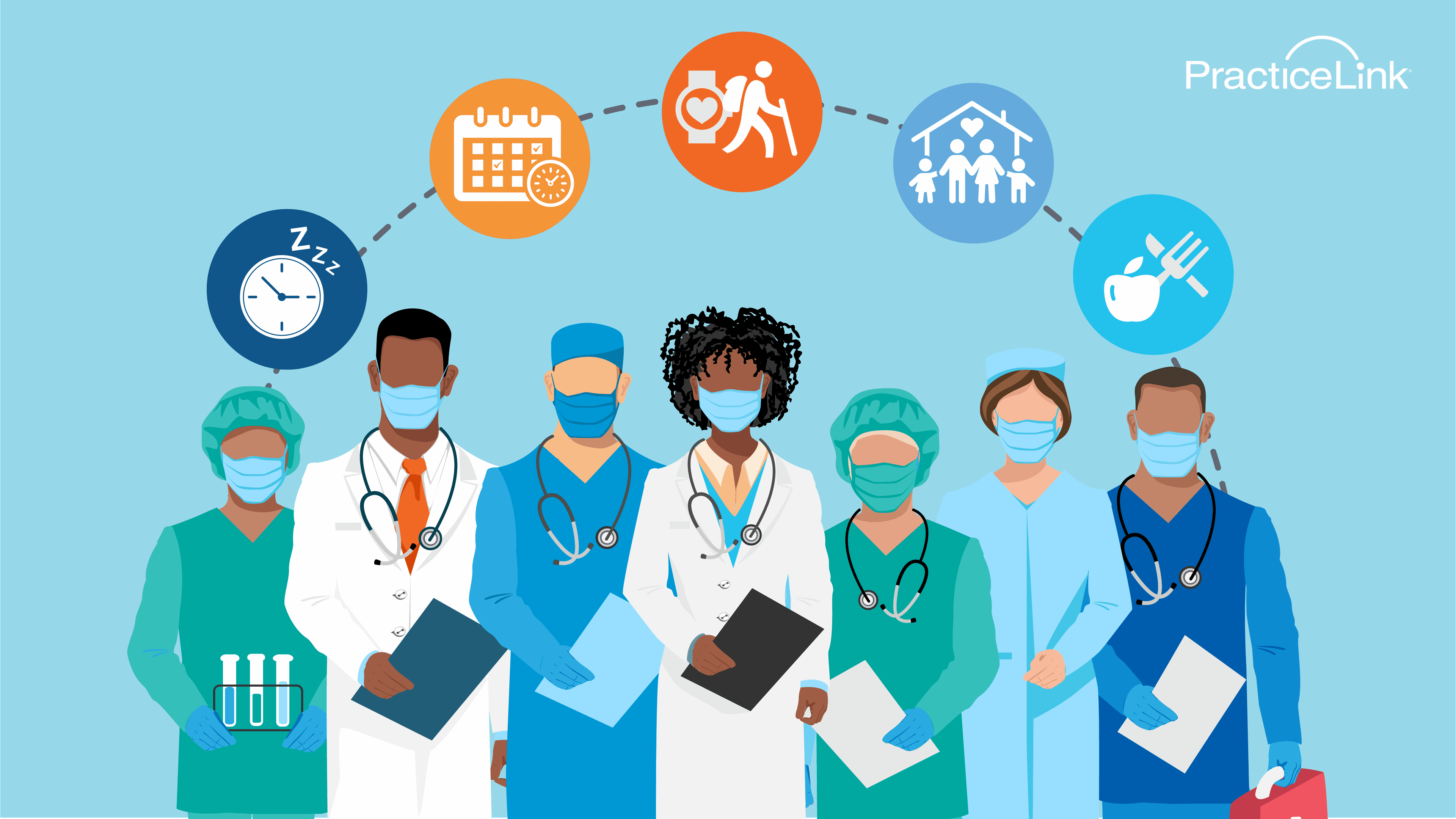 Animated image of row of doctors and options for best lifestyle for doctors.