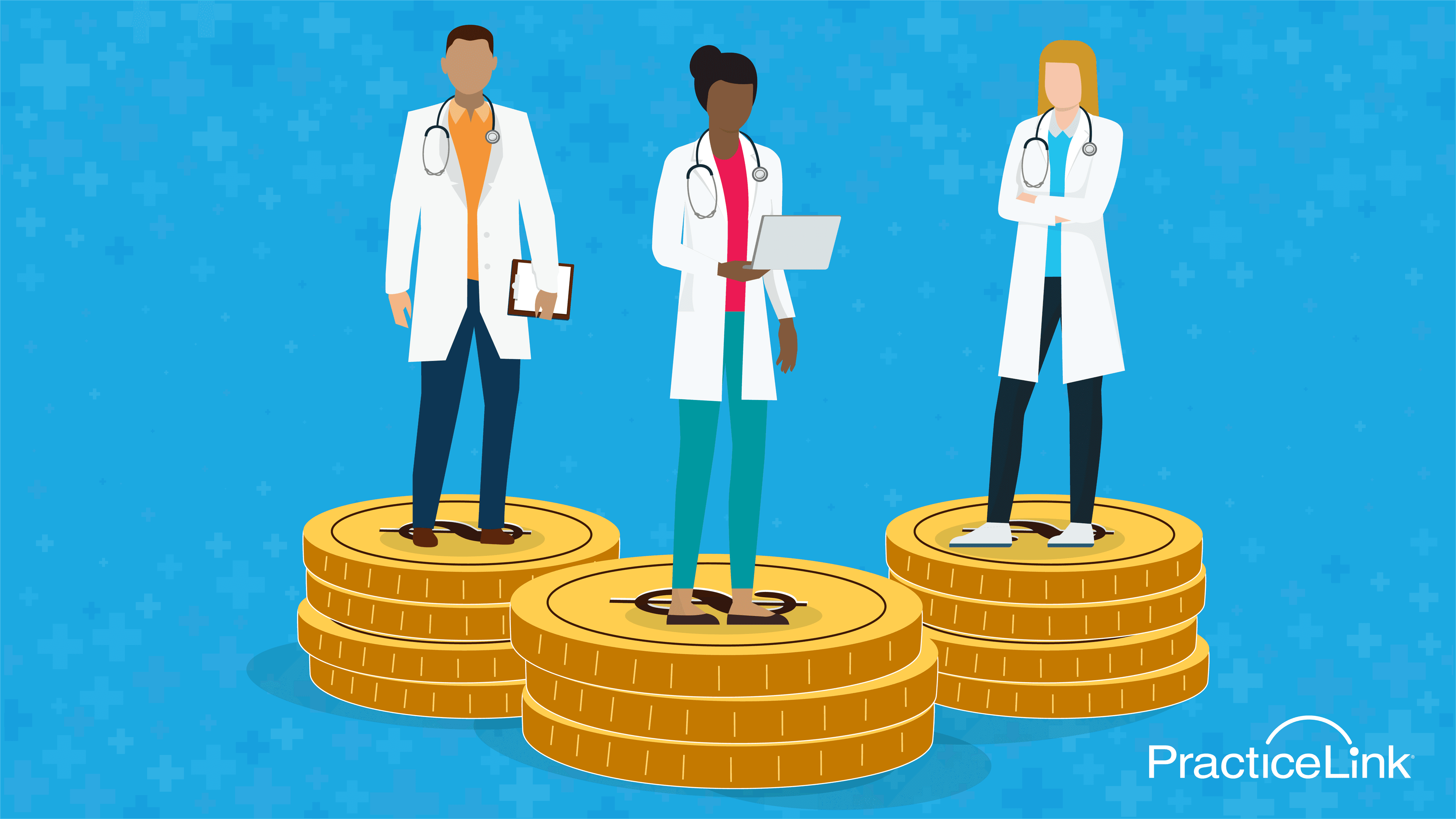 Animated image of physicians pondering physician compensation models.