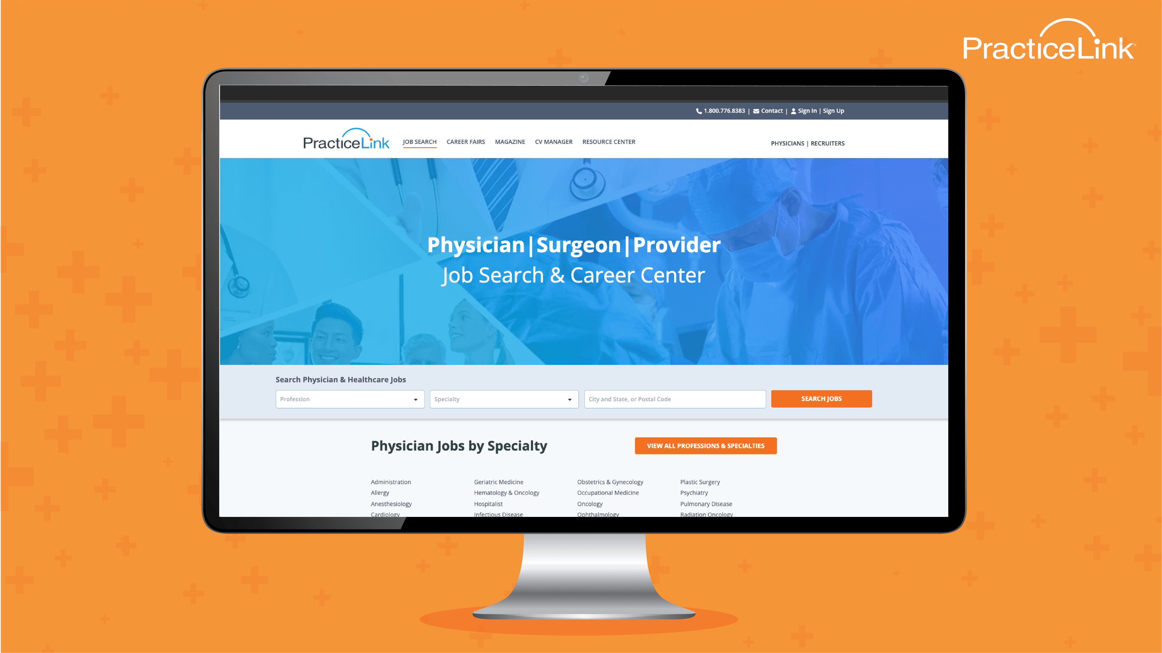 Animated image of computer showing PracticeLink.com, the best website for physician jobs.