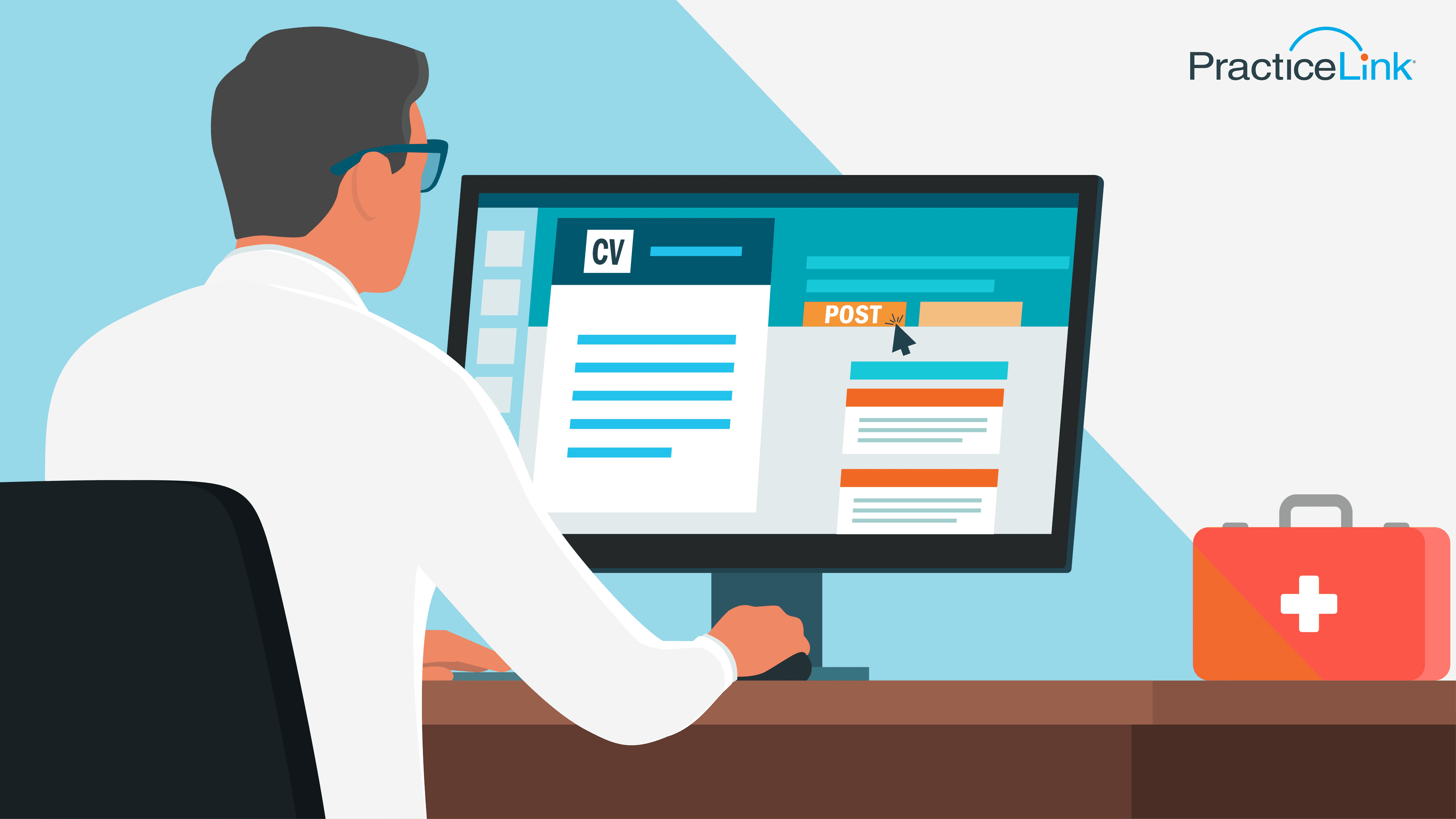 Animated image showing where doctors post their resumes.