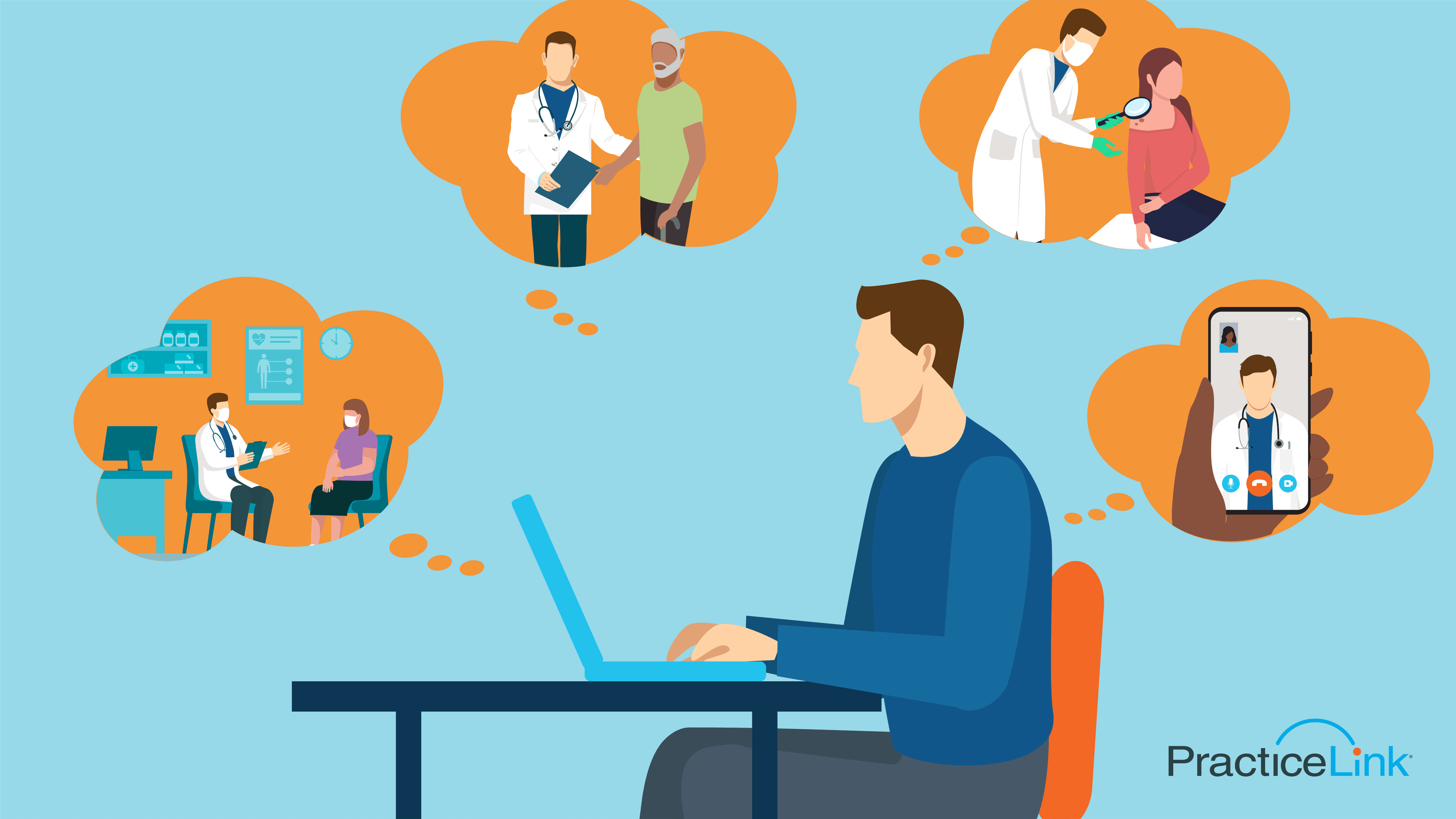 Animated image of person searching on their laptop to discover which physician is most in demand.