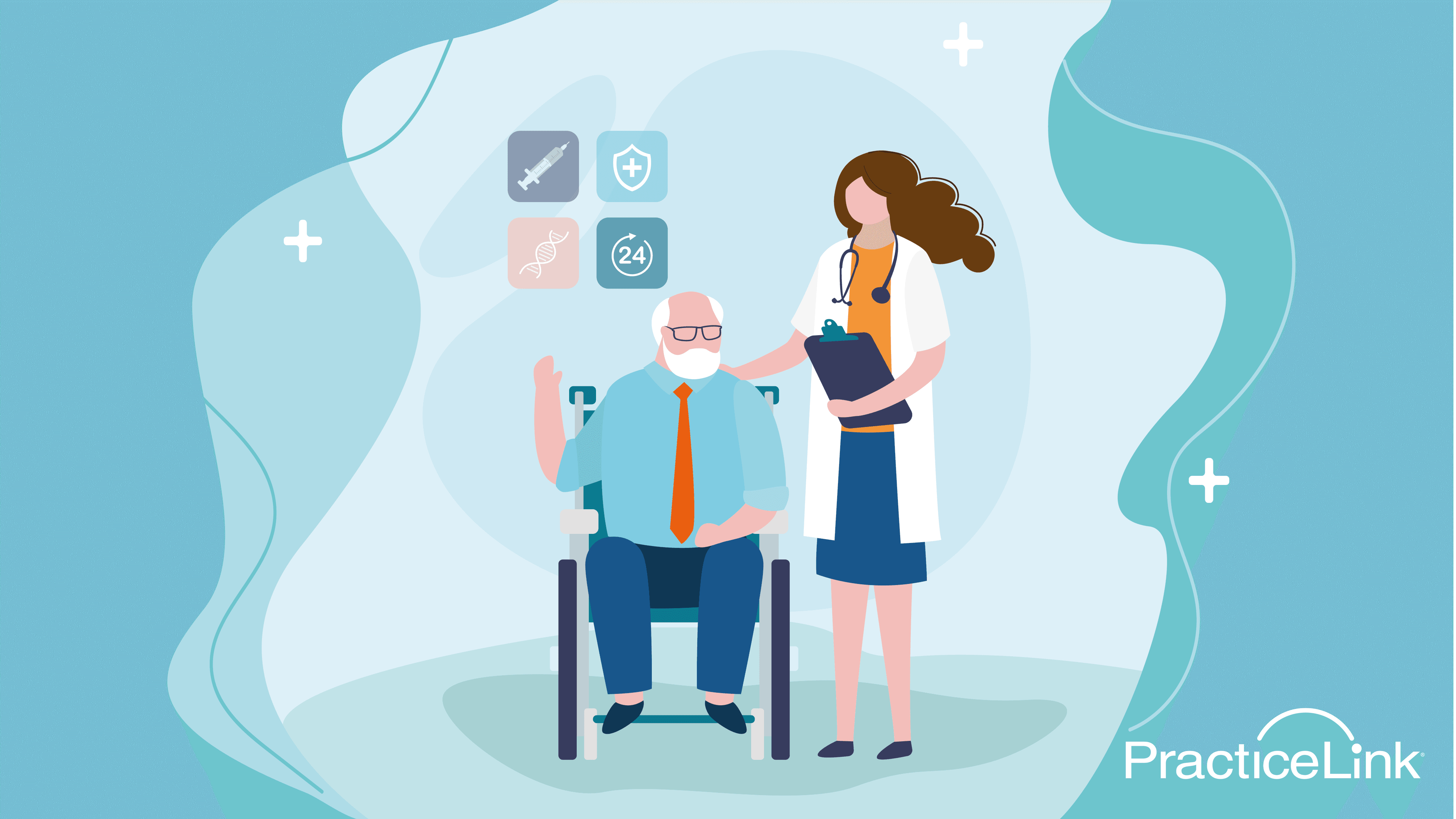 Animated image of doctor providing geriatric care.