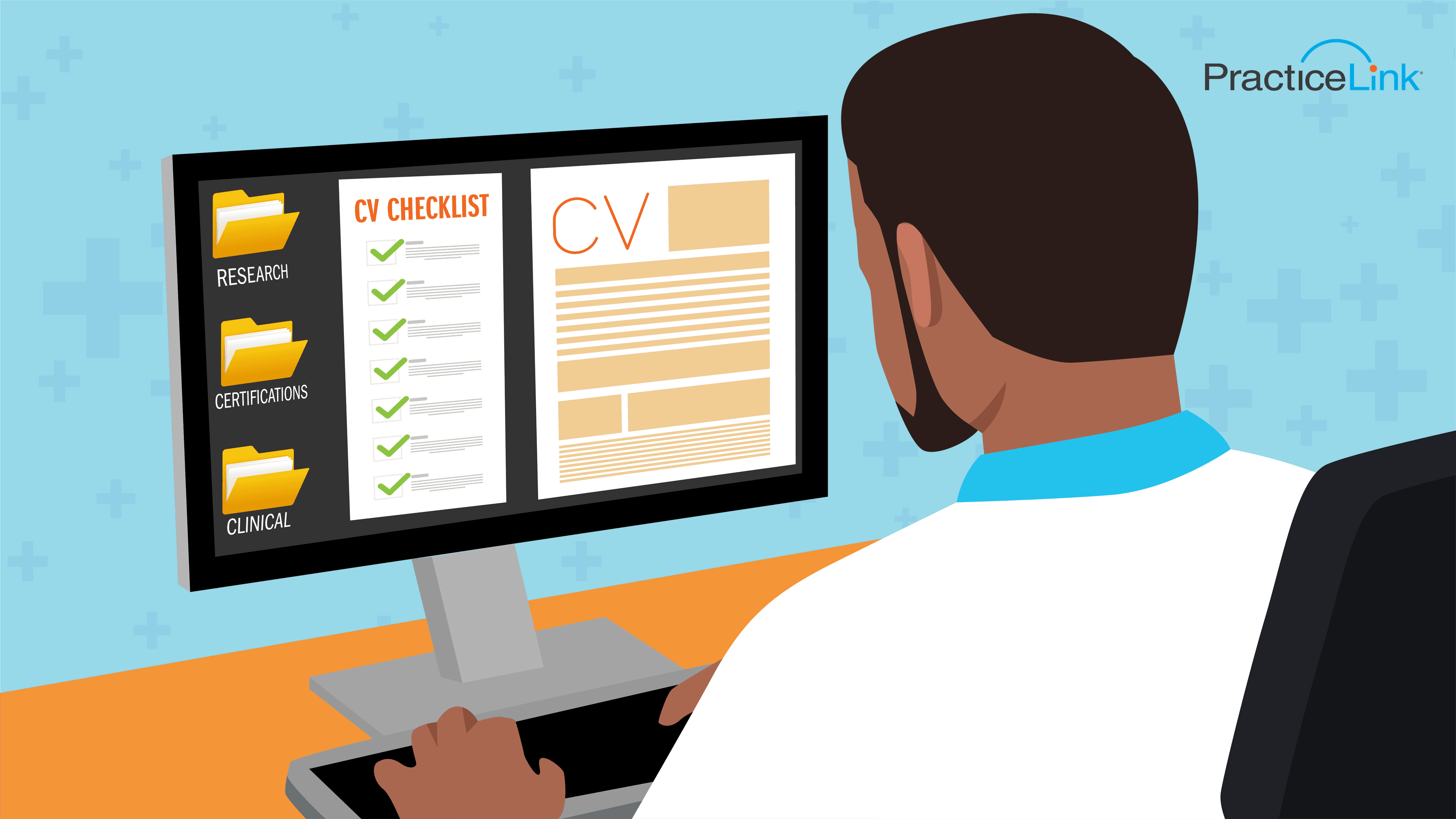 Physician completing their medical internship CV on their desktop computer.