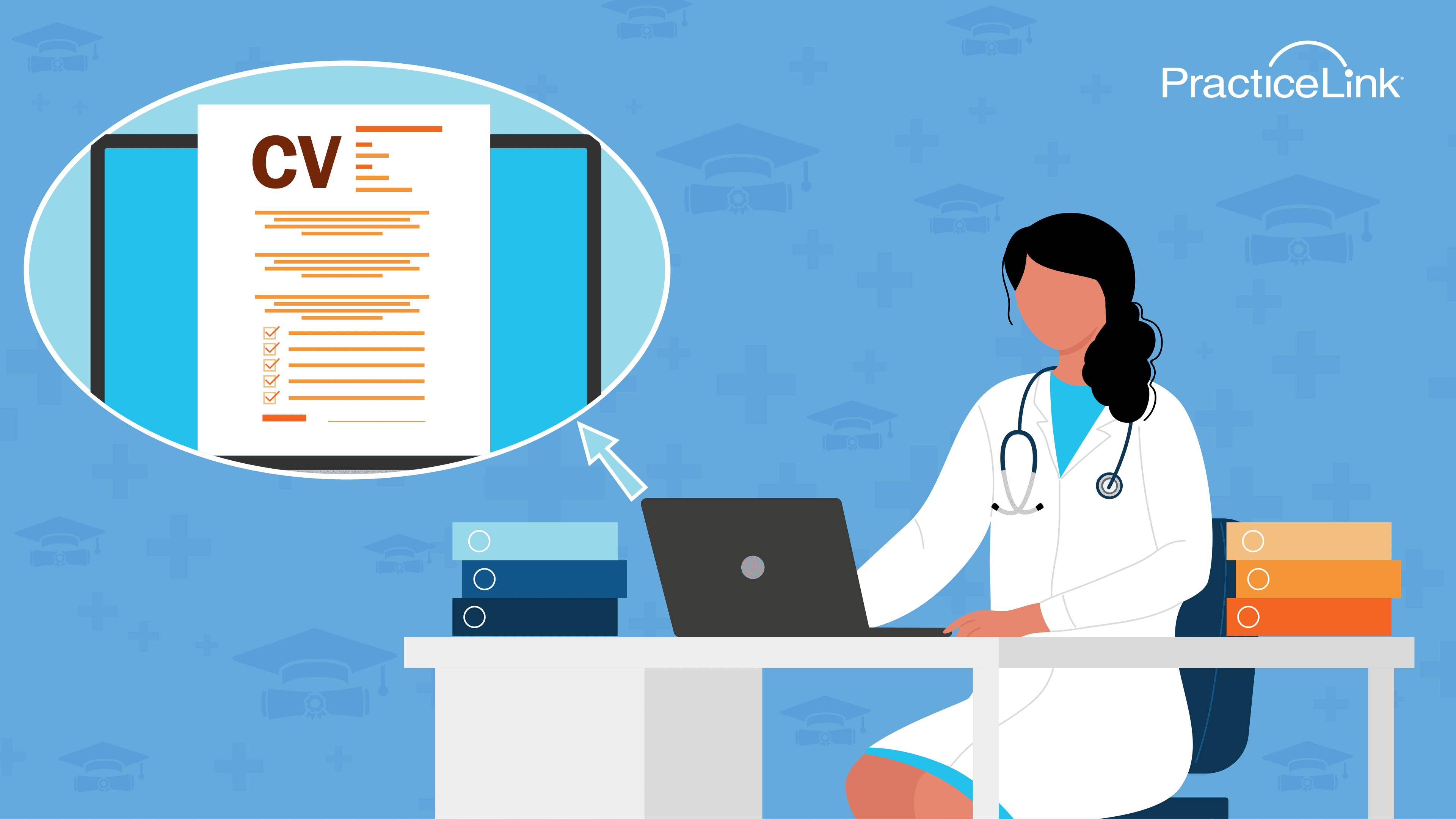 A physician sitting at her desk working on her CV on her laptop.