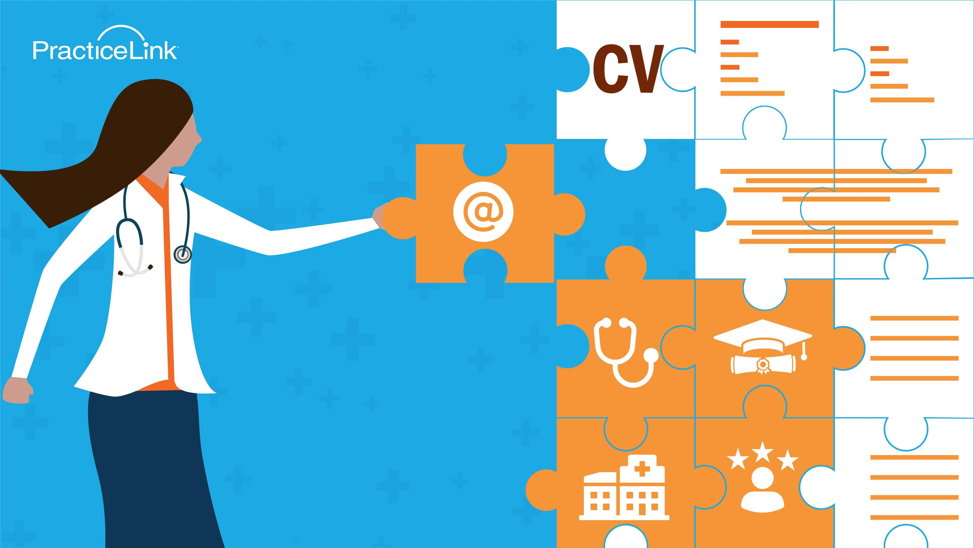 A physician placing puzzle pieces into a large puzzle to include all the parts needed a successful medical CV.