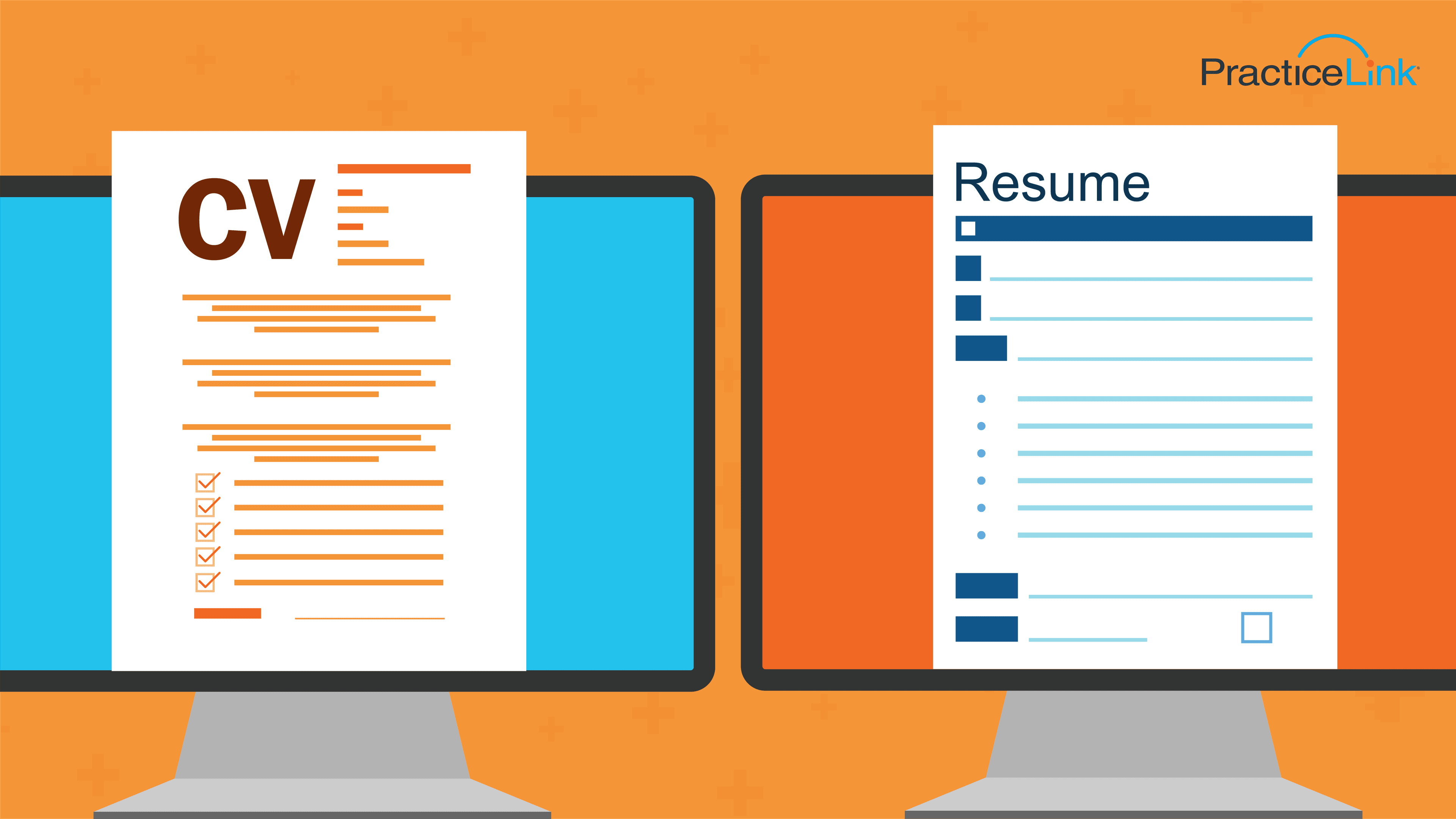Two desktop computers side-by-side showing the formatting differences between a physician CV and physician resume.