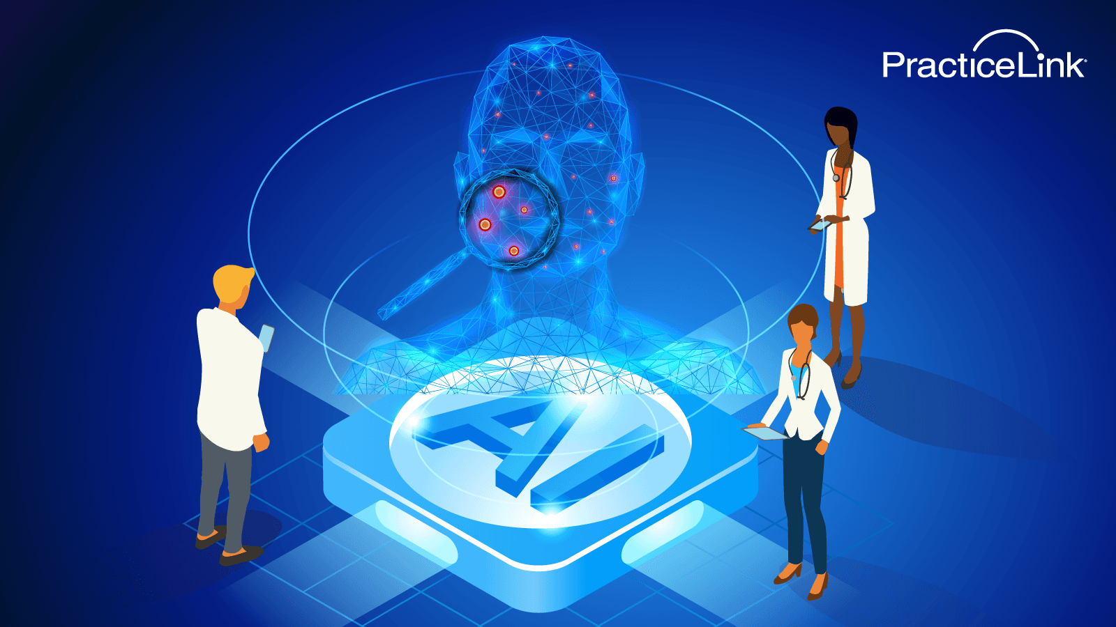 Three different physicians looking into the future of dermatology, which includes advancements in AI.