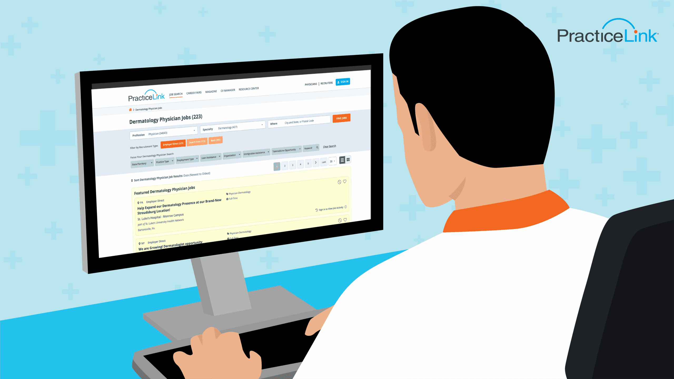 Physician searching PracticeLink's free online job board.