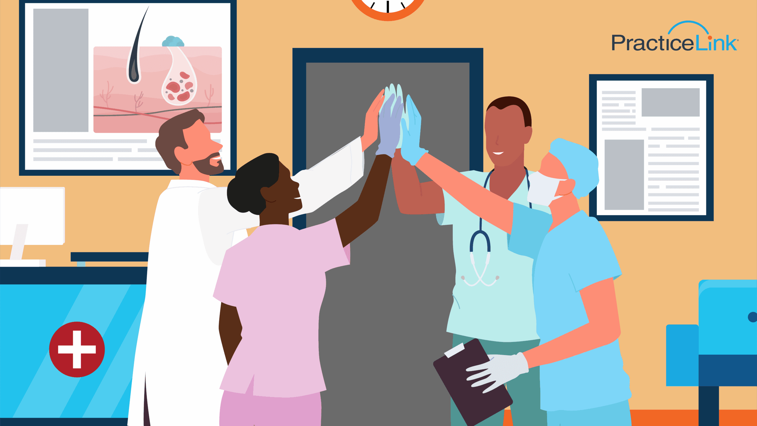 A group of physicians high-fiving each other at the office.