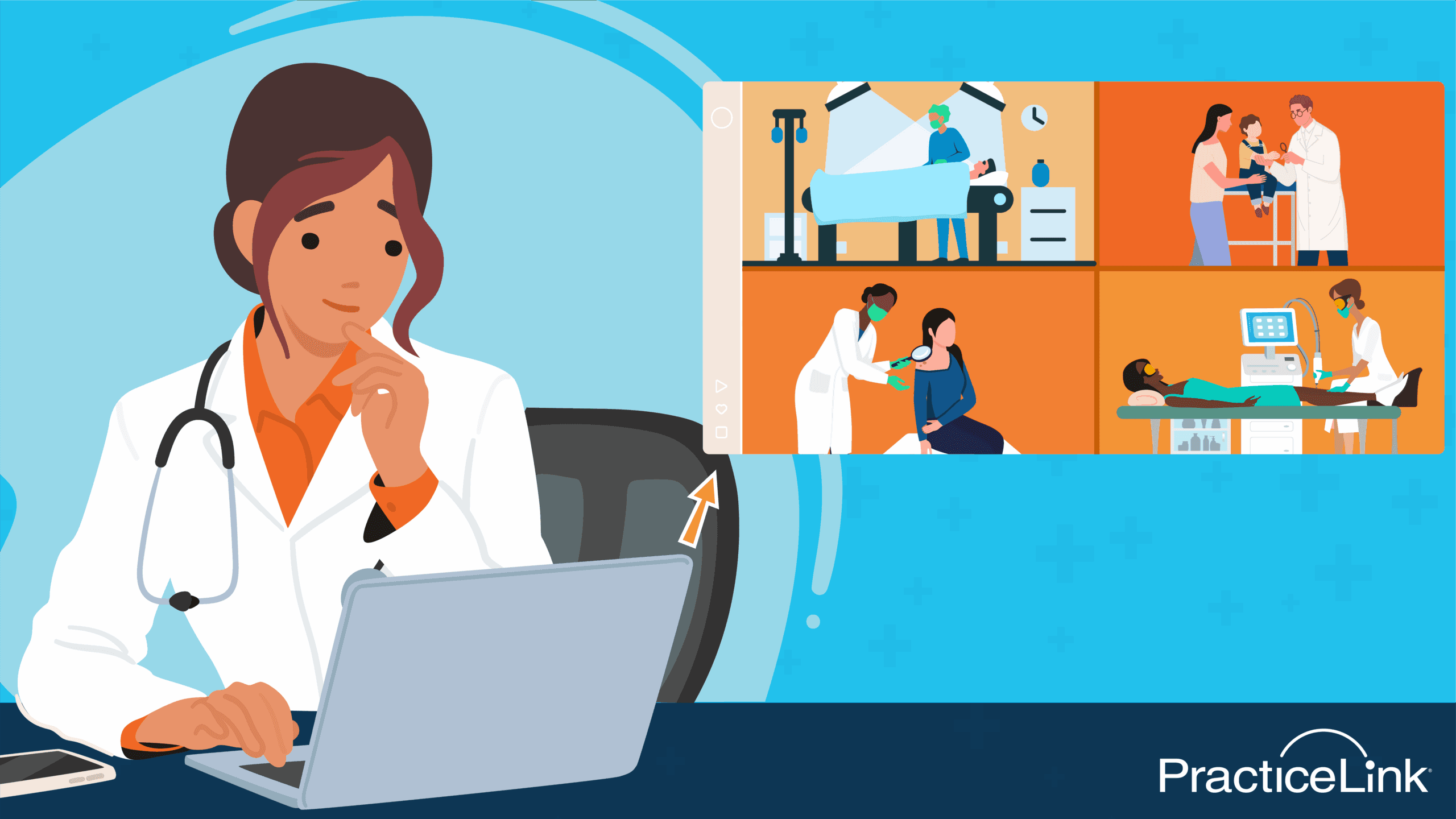 Dermatologist looking at a laptop which shows all four branches of dermatology.