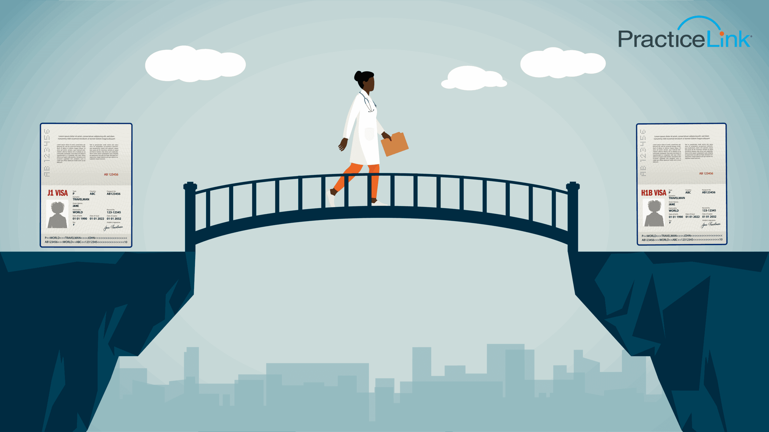 Physician walking across a bridge between a J1 Visa and an H1b Visa.