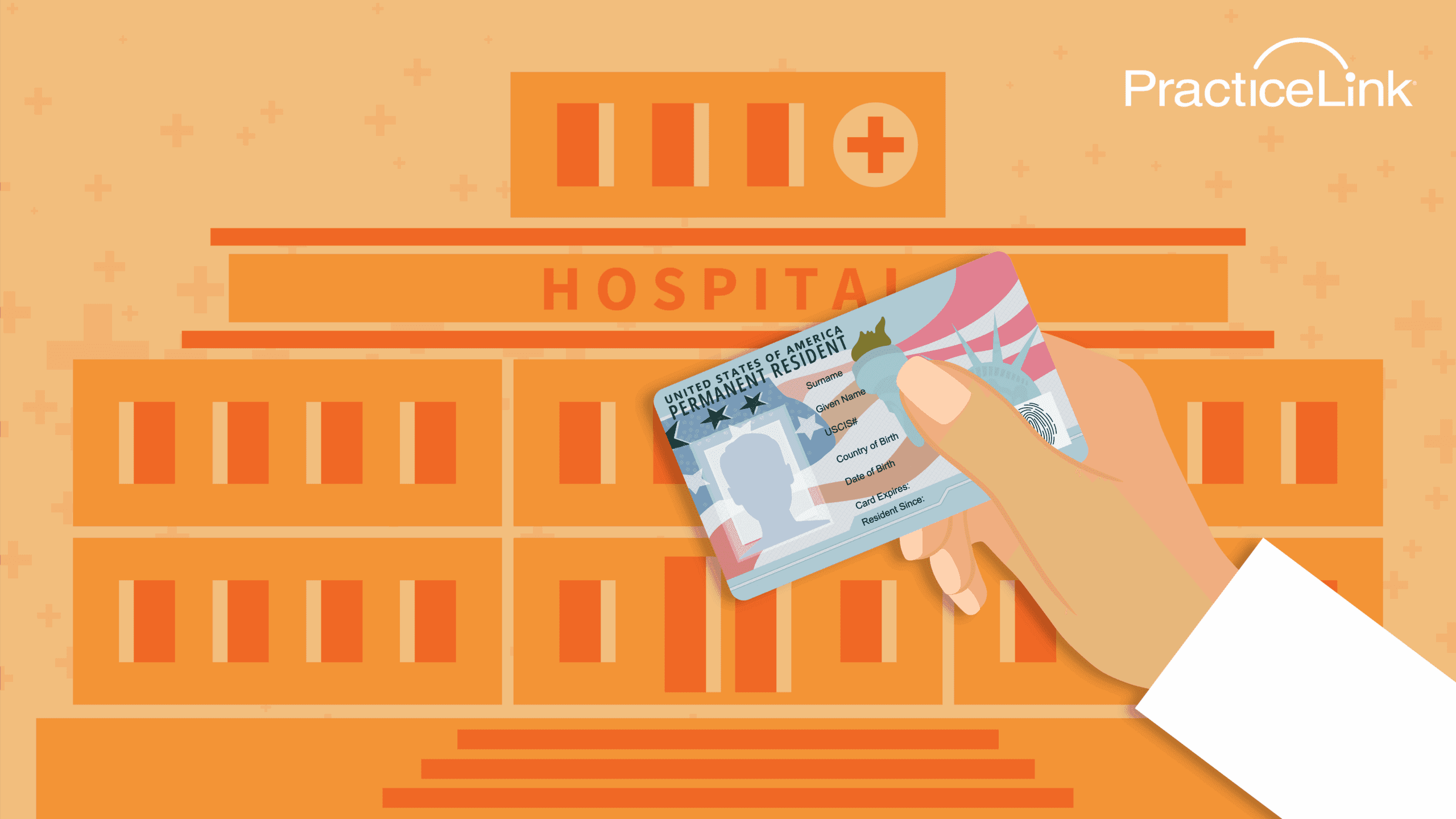 A physician holding a green card in front of a hospital.