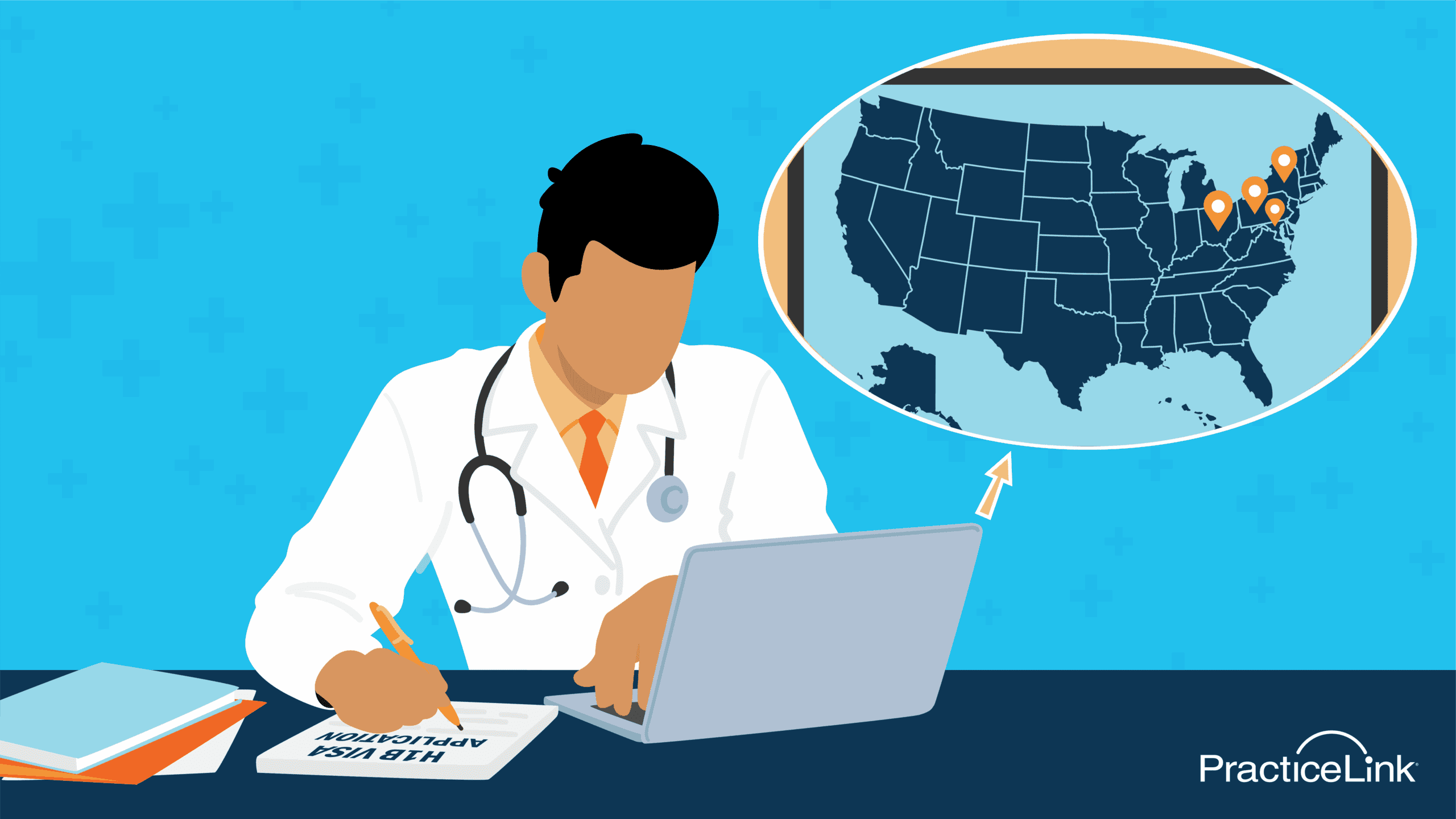 Physician researching H1B visas for doctors on a laptop computer.