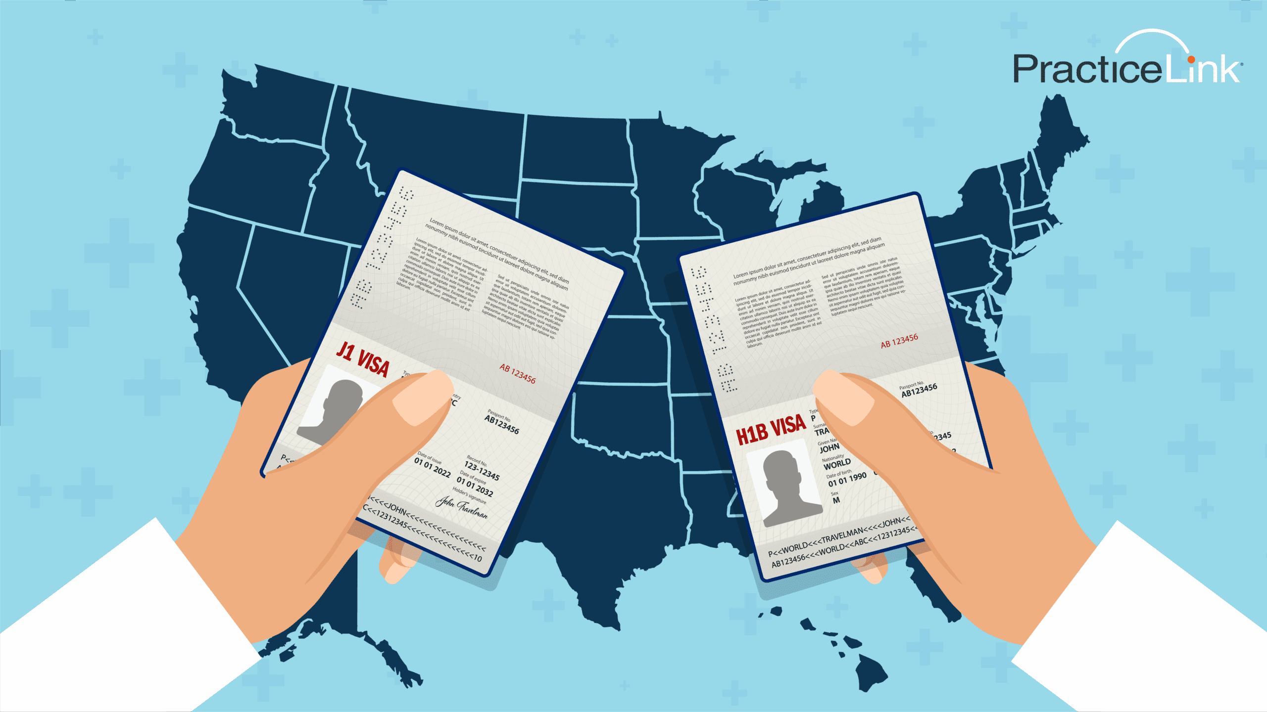 A pair of hands holding copies of both the J1 Visa and the H1B visa.