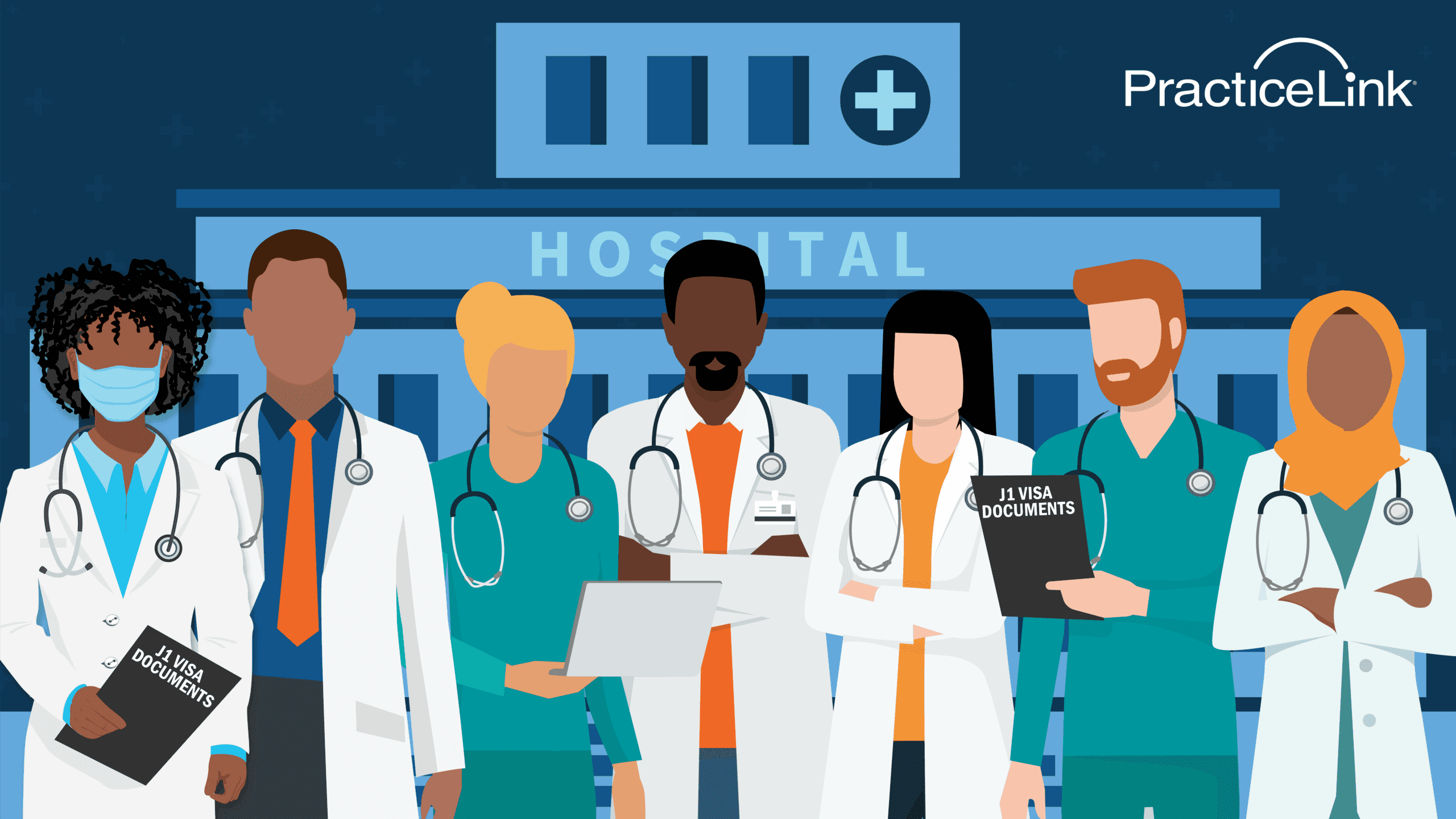 Physicians standing in front of a hospital.