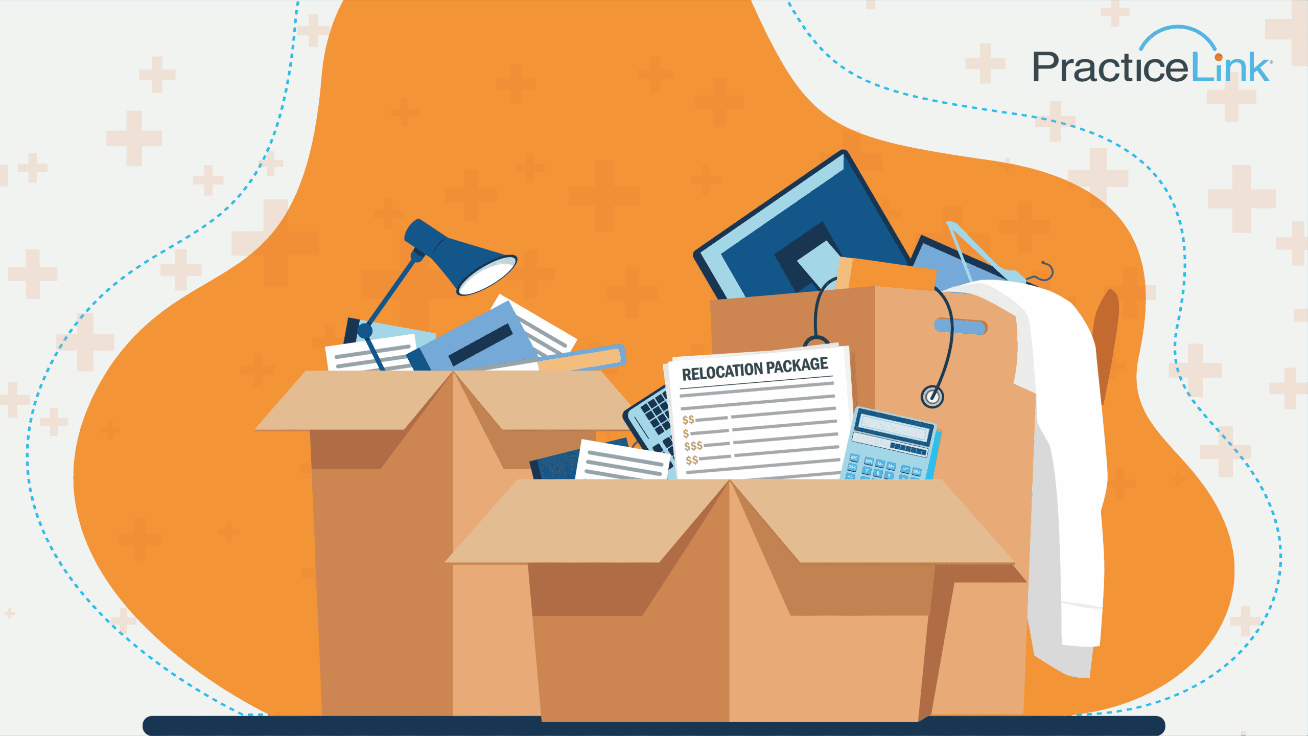 A physician's belongings packed in moving boxes.