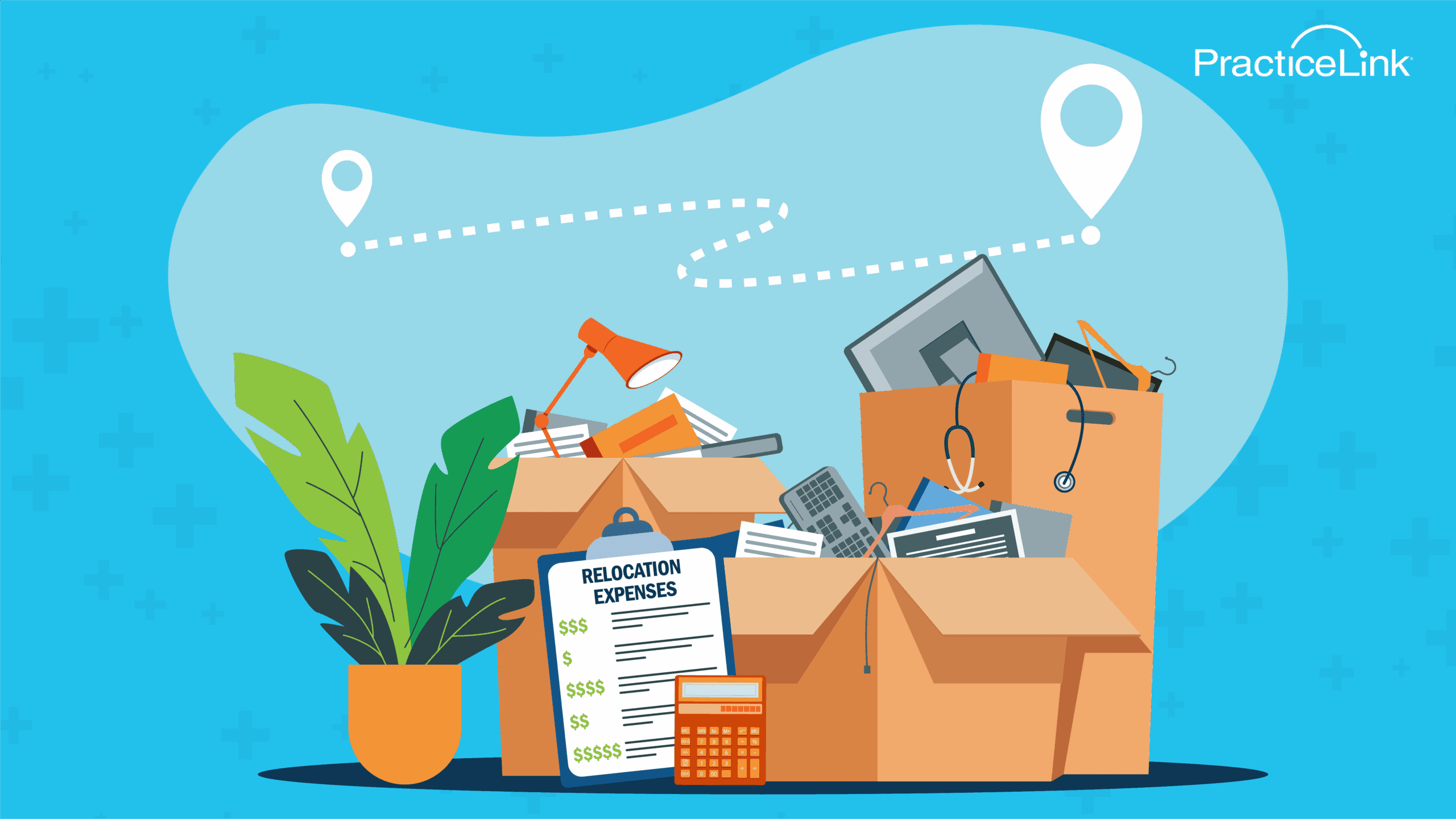 Moving boxes and other moving materials pertaining to physician relocation costs.