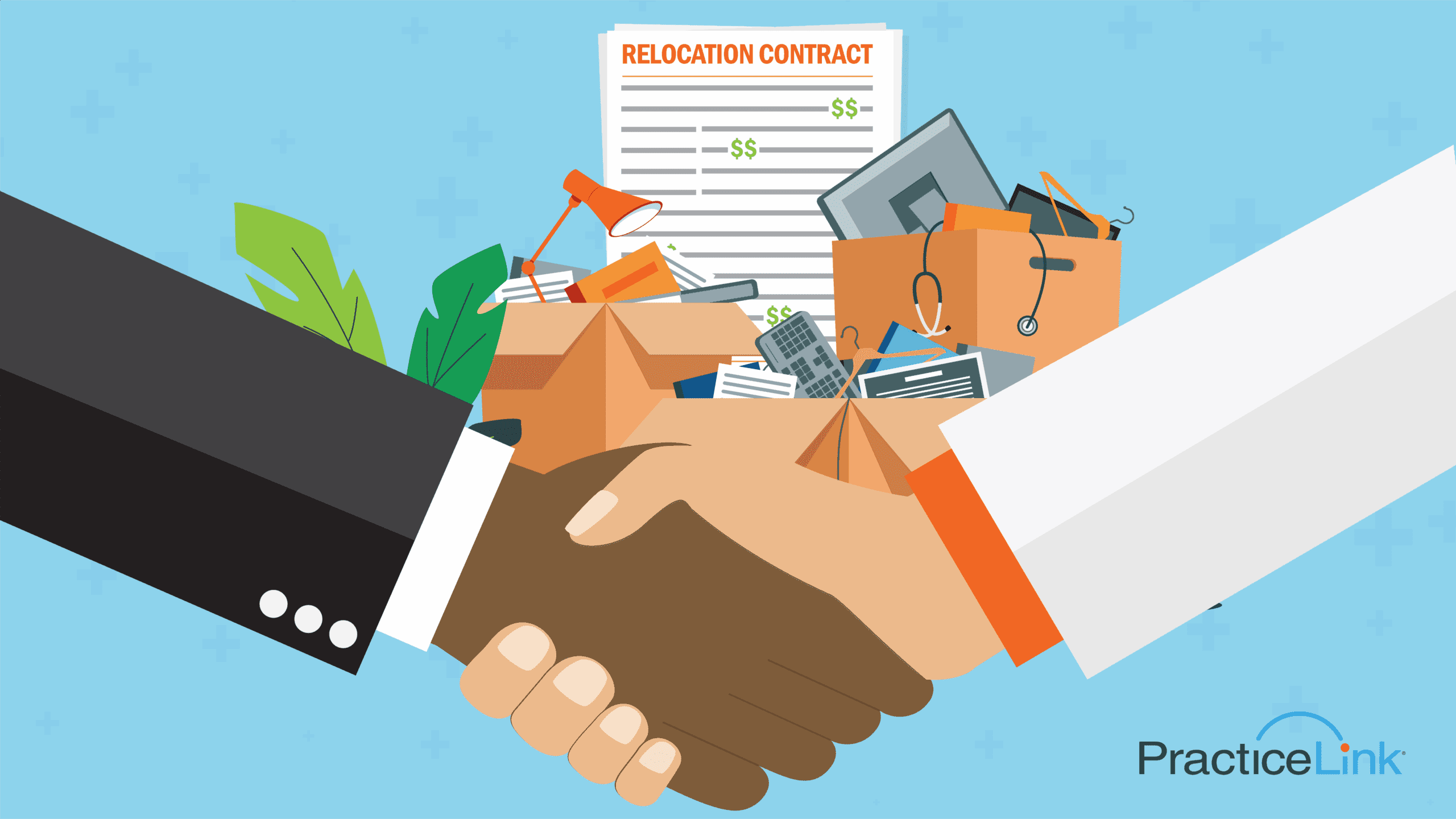 A physician and an employer shaking hands after agreeing to the details of a relocation package.