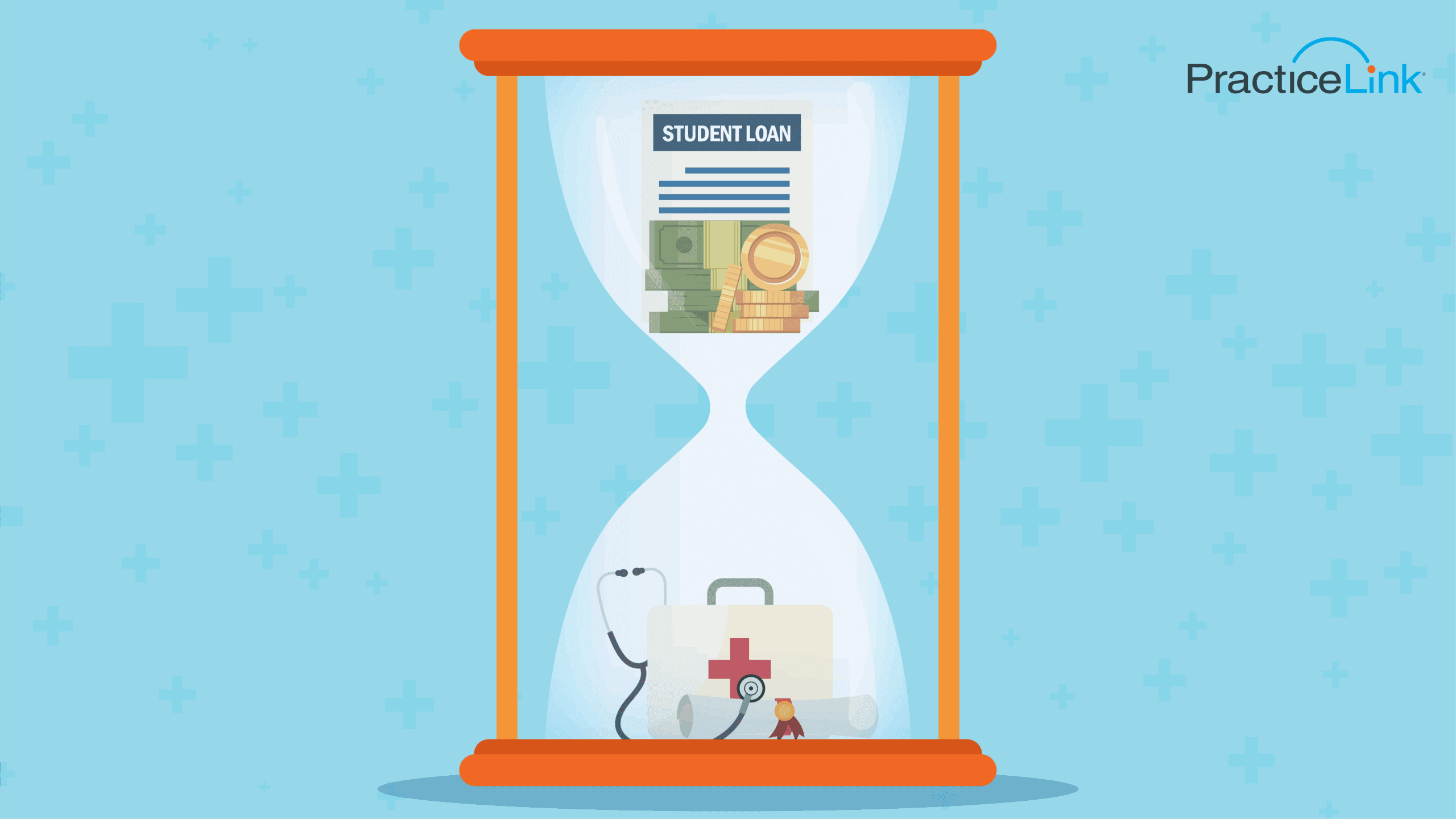 An hour glass with student loan costs at the top and medical school diploma at the bottom.
