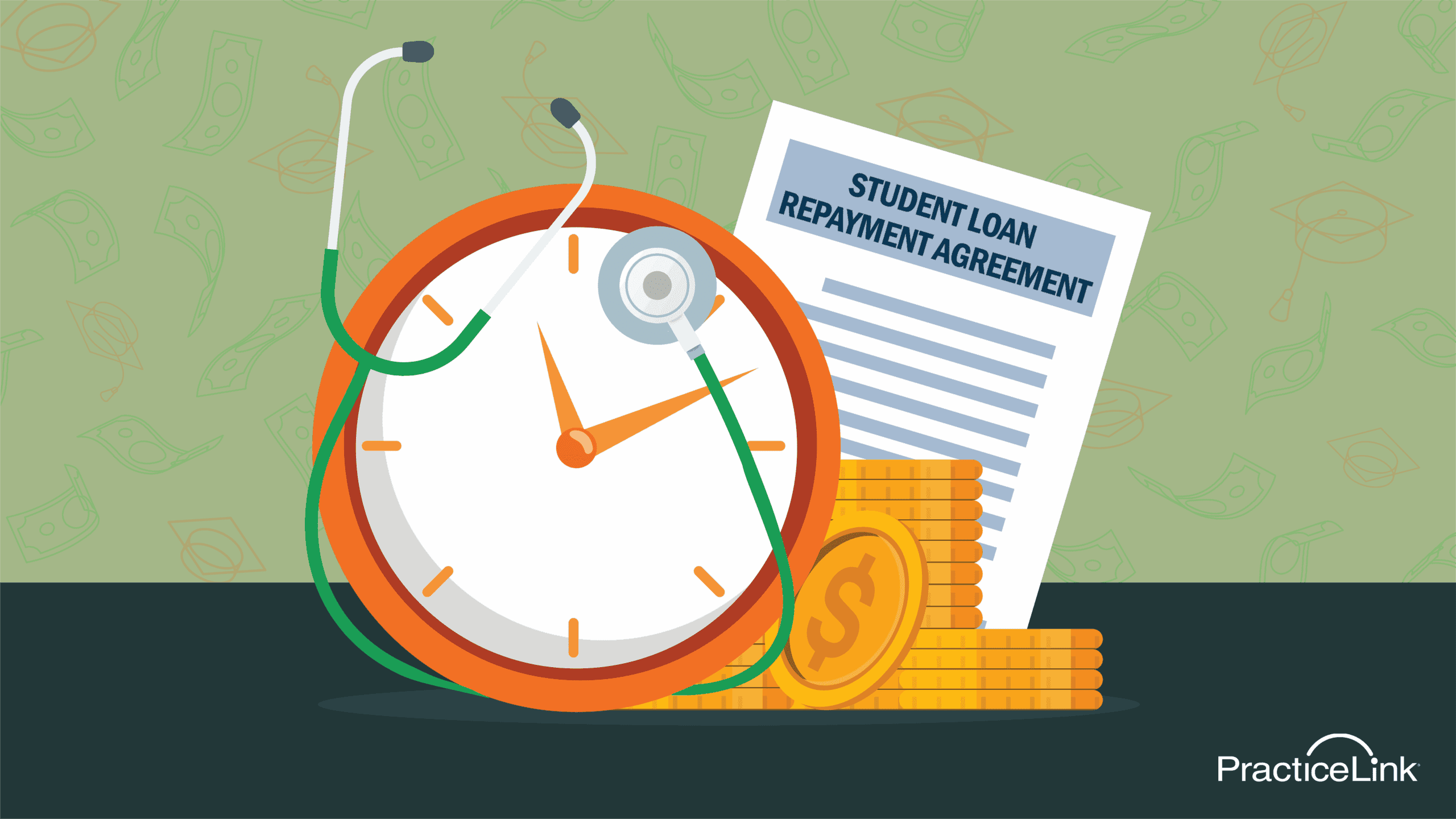 A student loan repayment agreement and a clock showing how long it takes to pay off medical school debt.