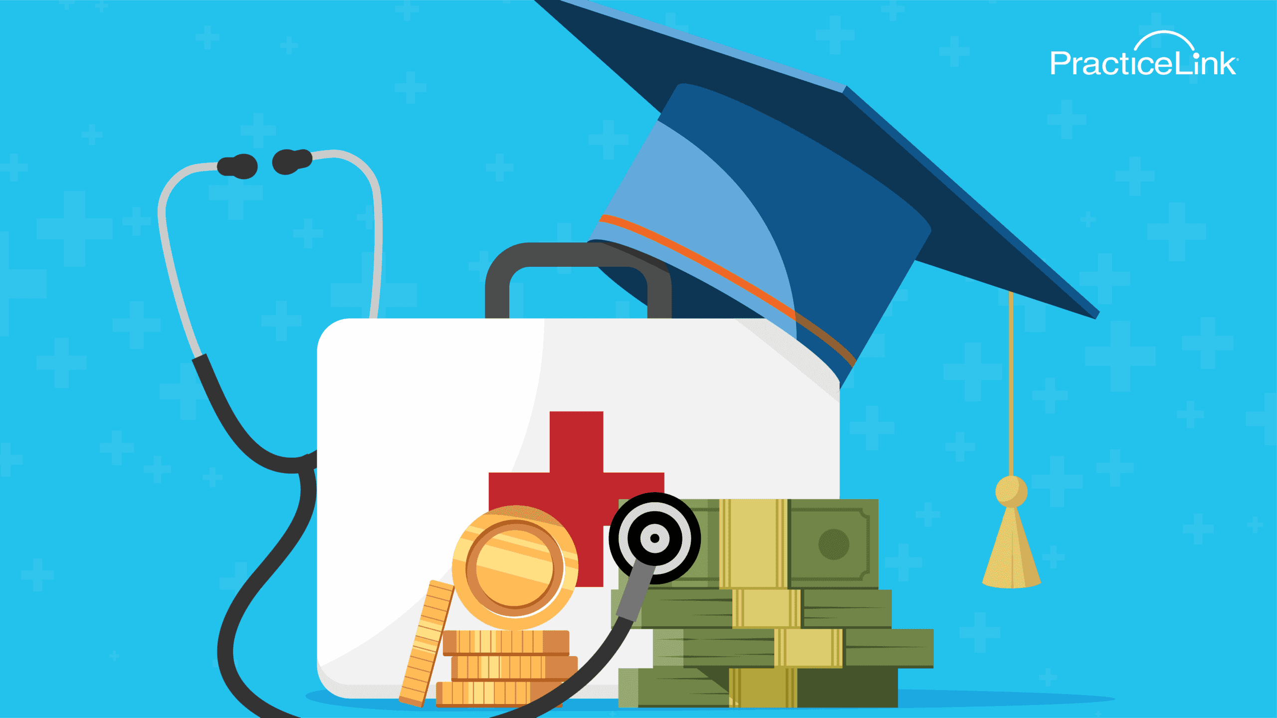 A medical school graduate cap, stethoscope and stack of American currency.