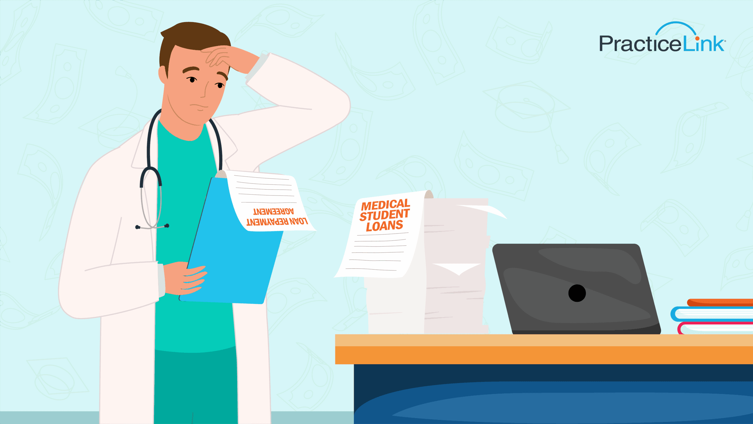 A loan repayment agreement form next to a physician viewing the average student debt payment per month.