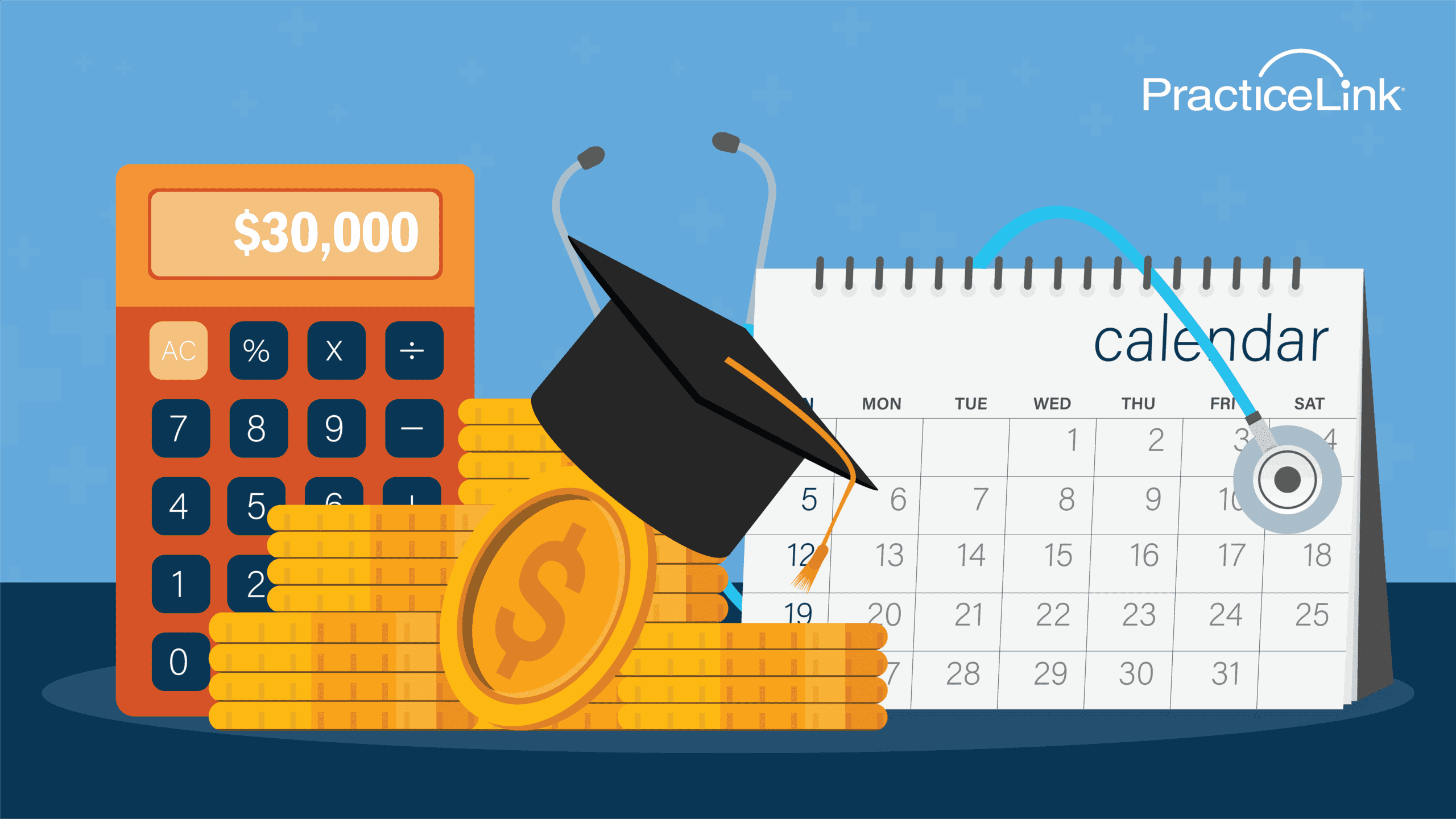 A calculator and graduation cap on currency and calendar all signifying what is the monthly loan payment on a $30,000 student loan.