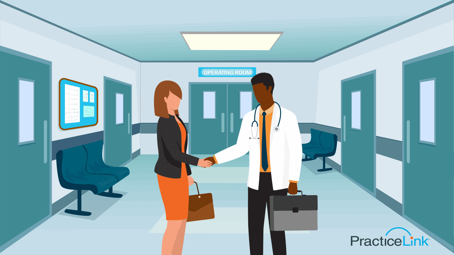 A physician and healthcare administrator shaking hands in the hospital showcasing a successful physician recruitment.