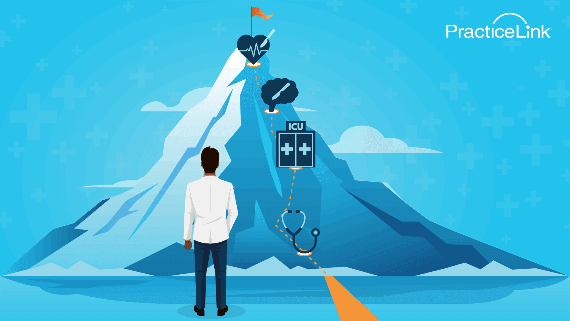 A physician looking up at a metaphorical mountain and the list of the hardest healthcare board exam.