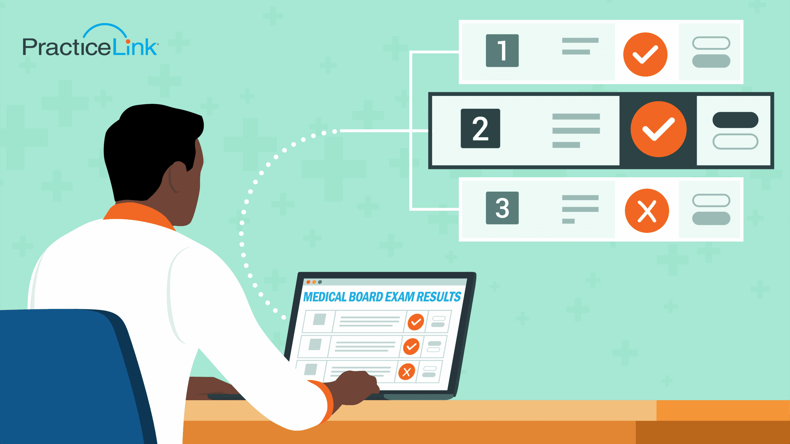 A physician sitting at desk discovering his medical board exam results and how it relates to what percentage of doctors pass their board exam.