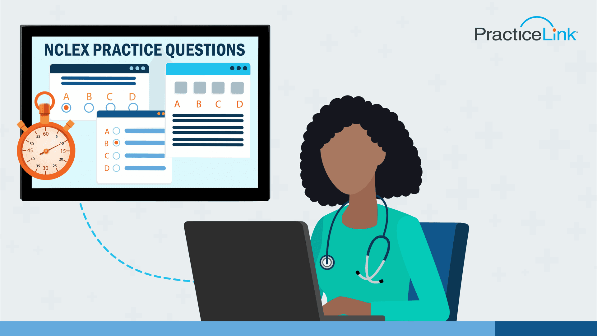 A physician sitting at a laptop trying to find out which NCLEX question bank is best.