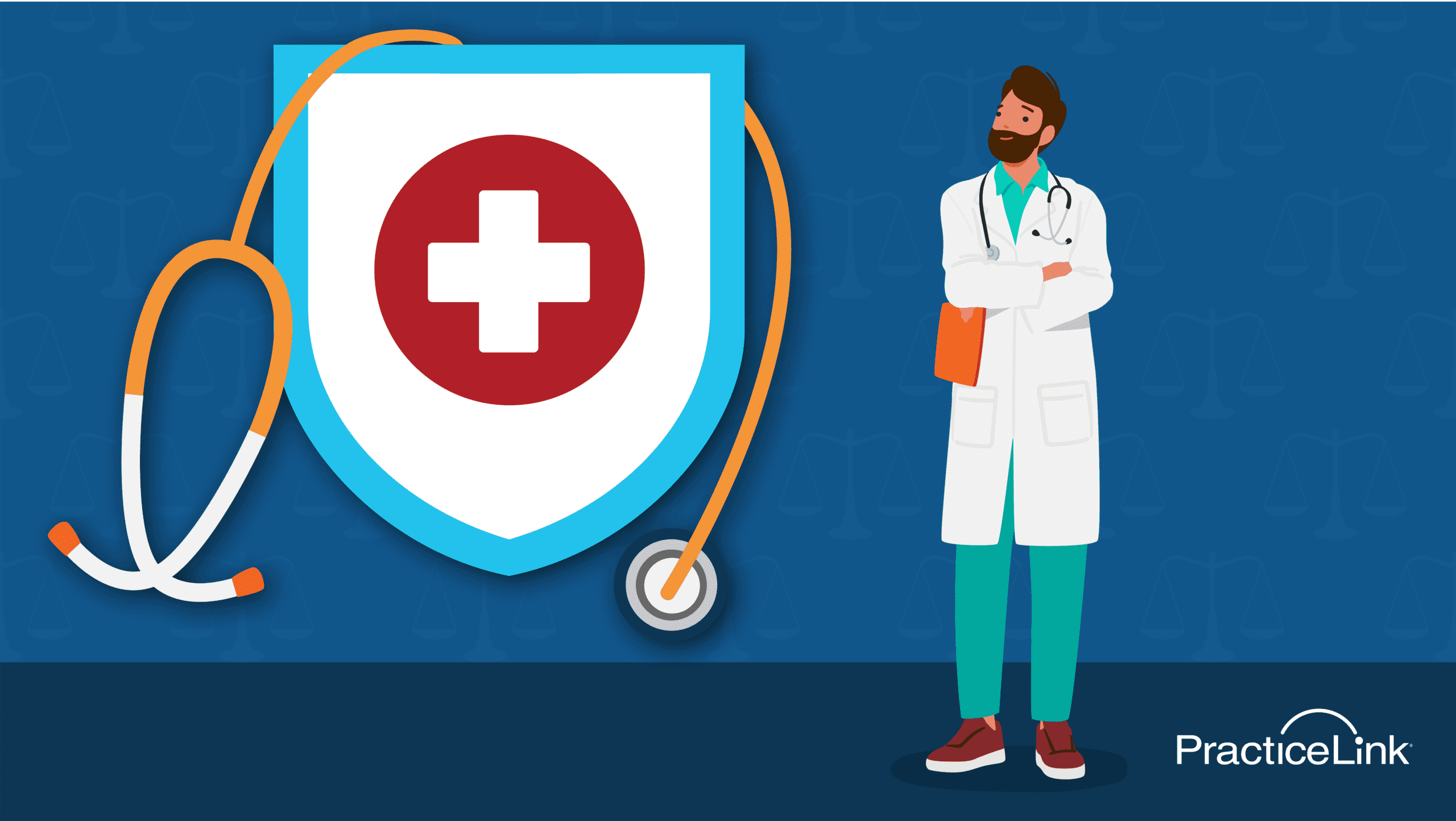 A physician standing next to a medical symbol and stethoscope.