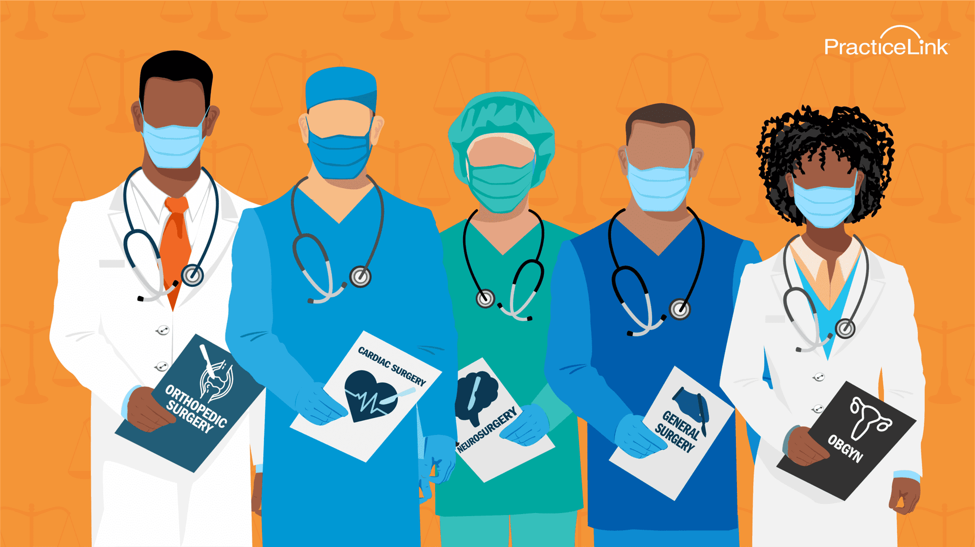 An animated image of physician specialists standing in a row wondering which malpractice insurance is the most expensive.