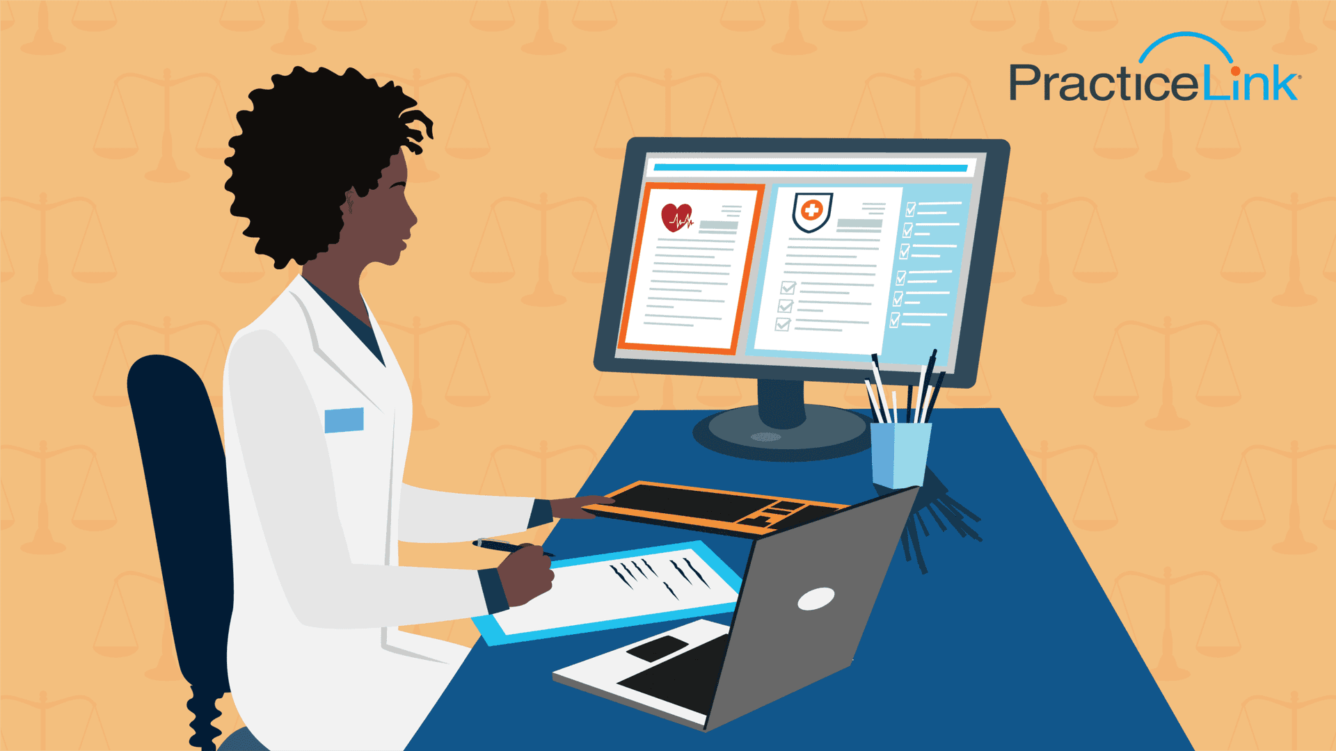 A physician sitting and researching medical malpractice insurance on their desktop computer.