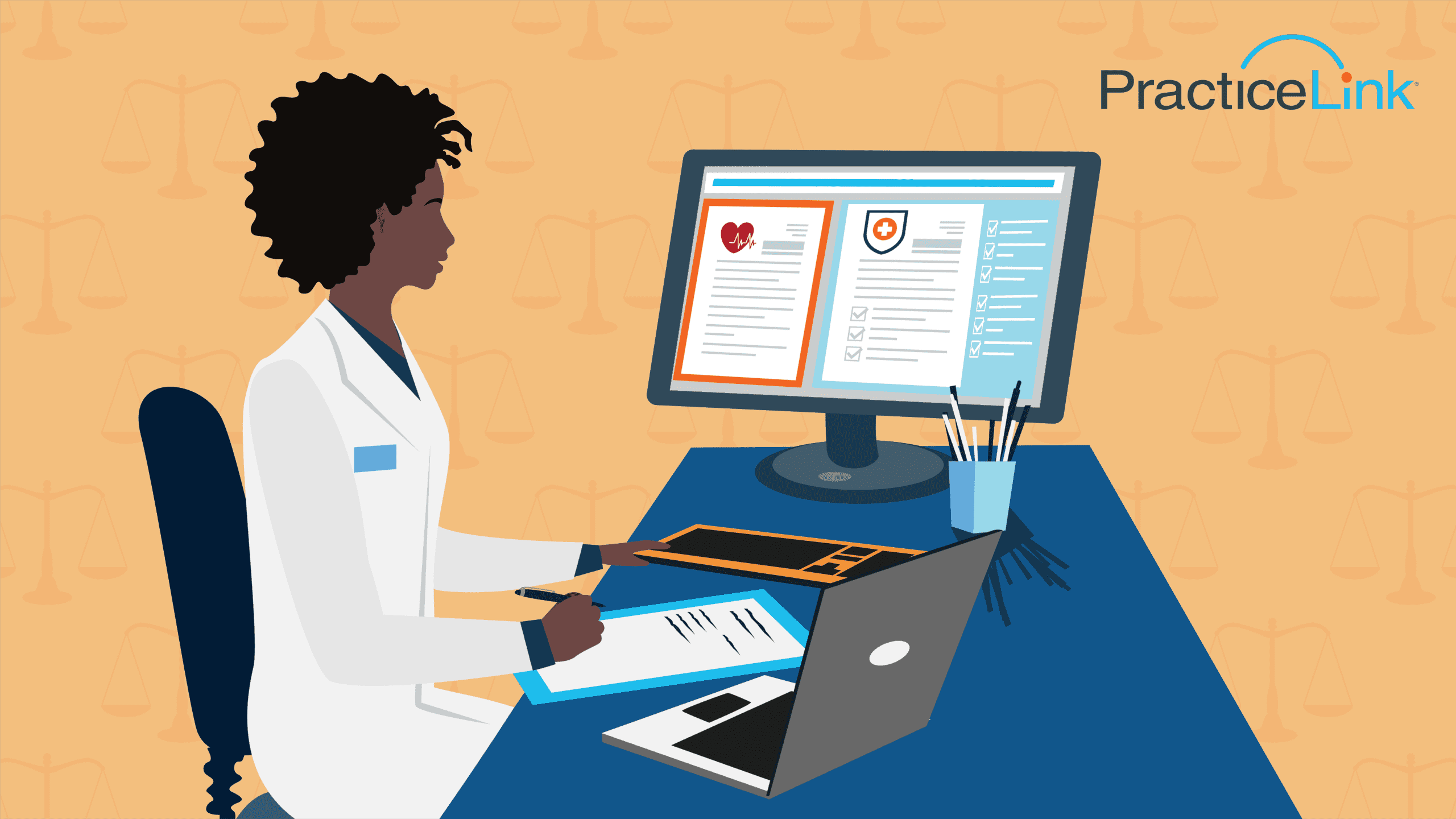 A physician sitting and researching medical malpractice insurance on their desktop computer.