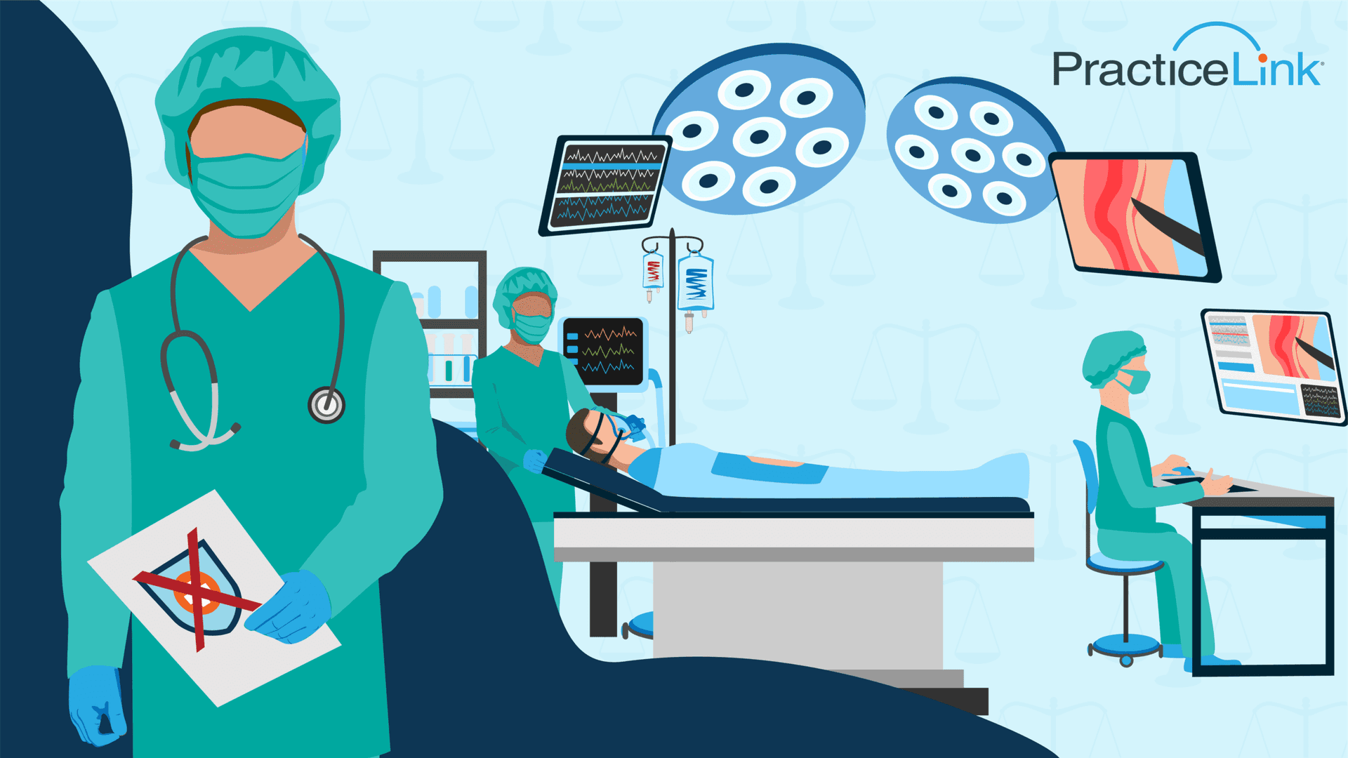 Animated image of physicians performing surgery without malpractice insurance.