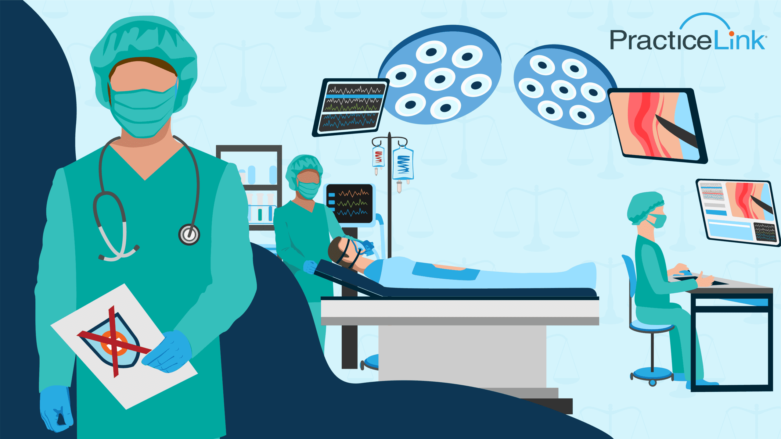 Animated image of physicians performing surgery without malpractice insurance.