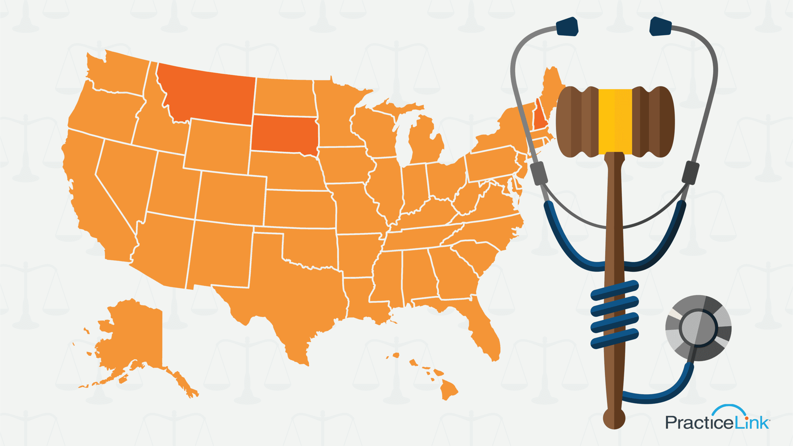 A map of the United States highlighting which states do not require malpractice insurance.