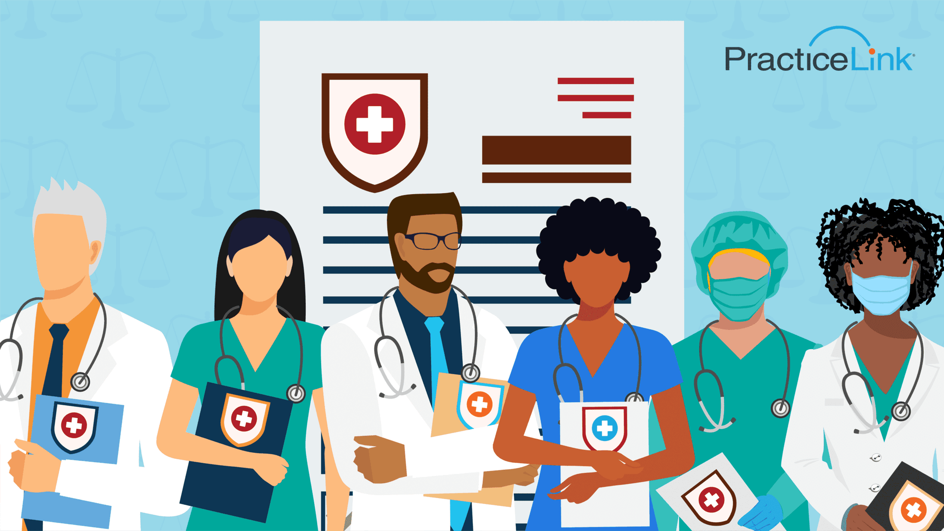 A row of physicians asking who should have medical malpractice insurance.