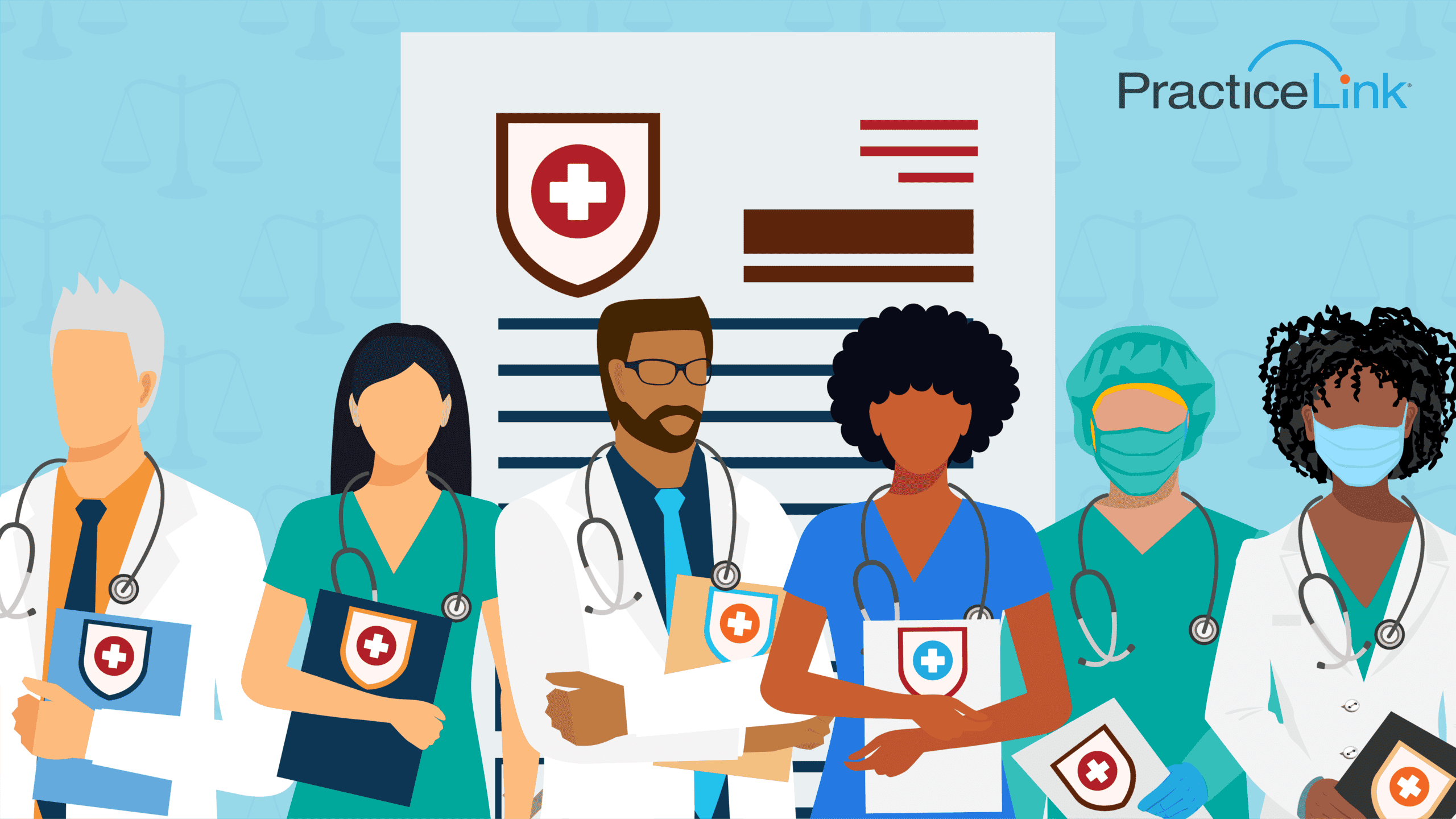 A row of physicians asking who should have medical malpractice insurance.