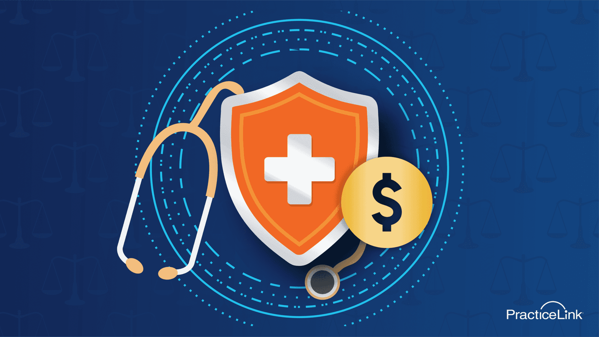 A medical shield, stethoscope and dollar sign.