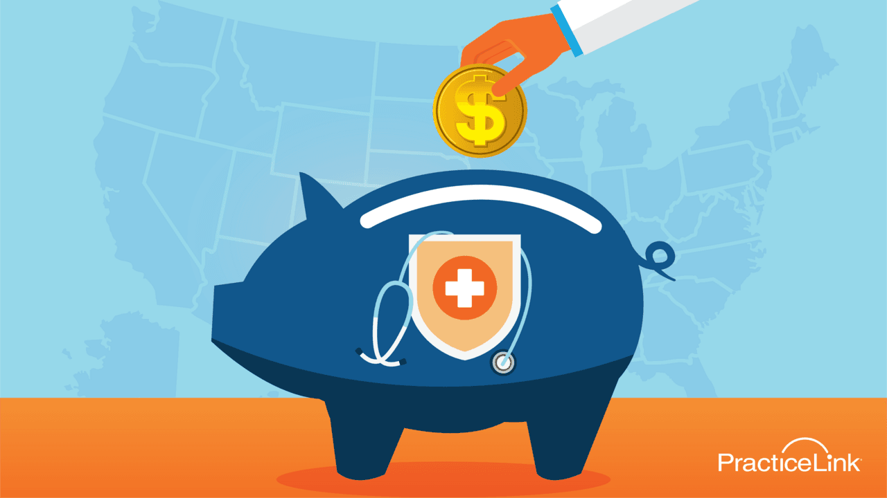 A physician placing currency into a piggy bank, signifying the amount US doctors pay for malpractice insurance.