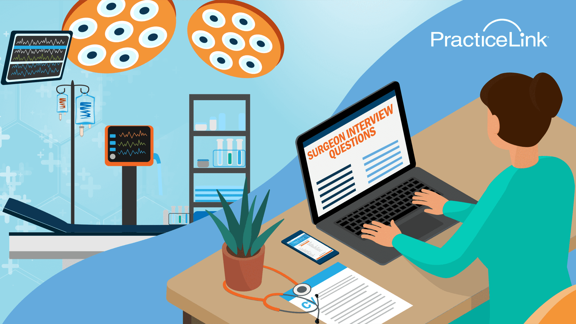 A physician on a laptop researching specialty-specific physician interview questions.