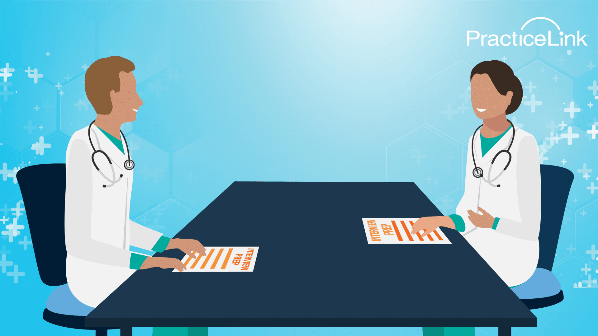 Two doctors sitting together learning how to practice answering physician interview questions.