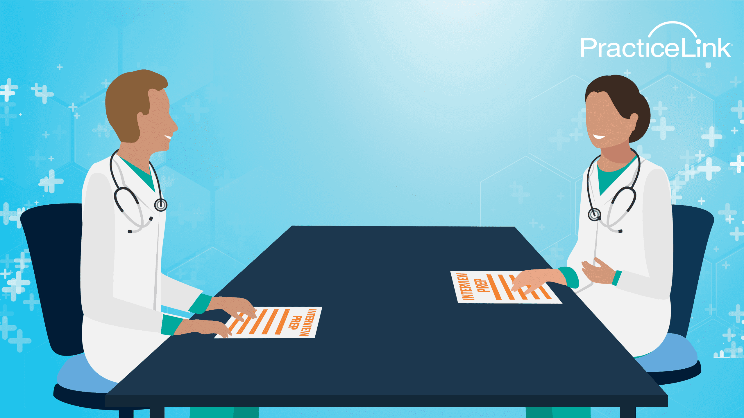 Two doctors sitting together learning how to practice answering physician interview questions.