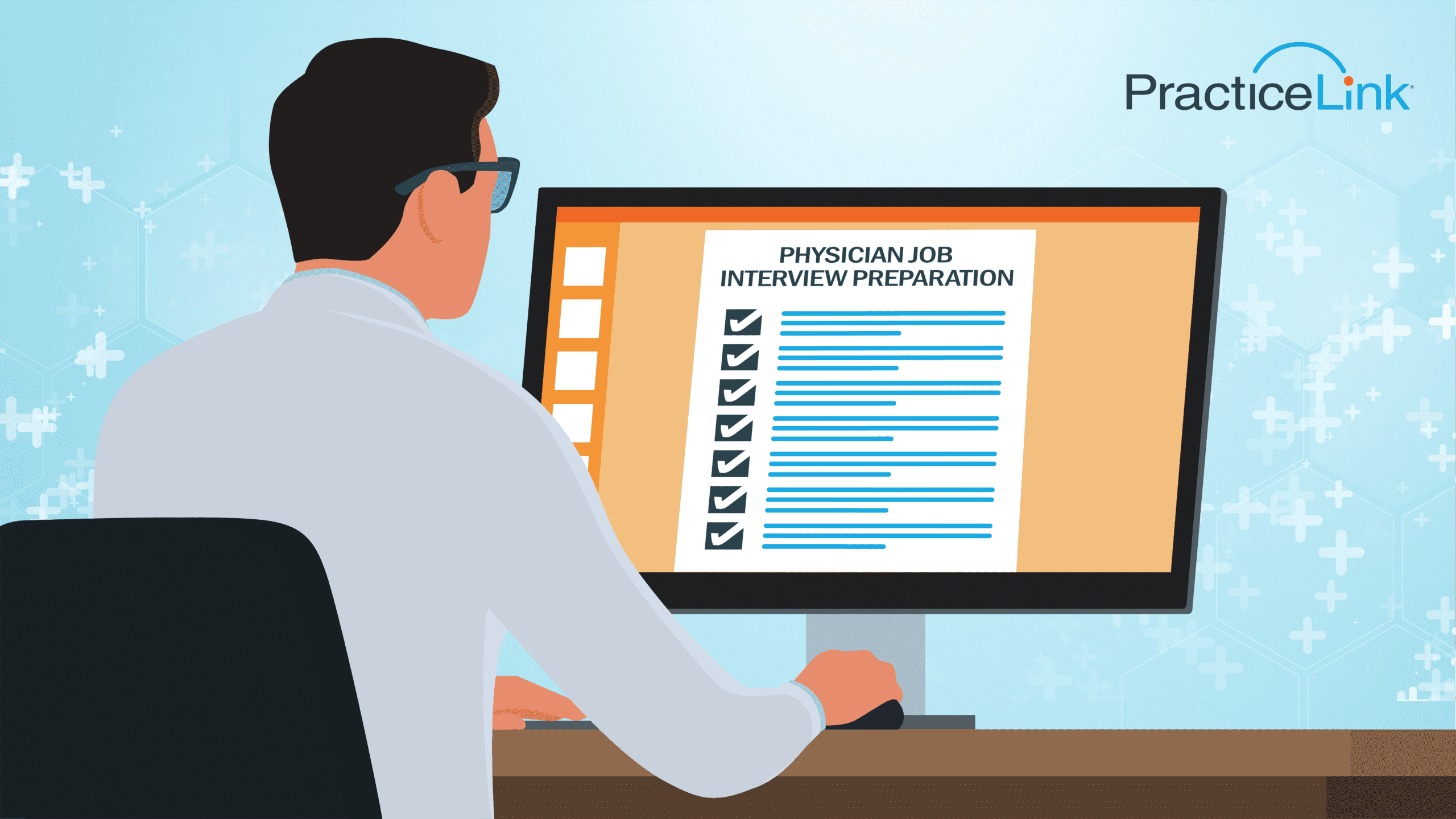 A person on a desktop computer studying how to prepare for a physician job interview.