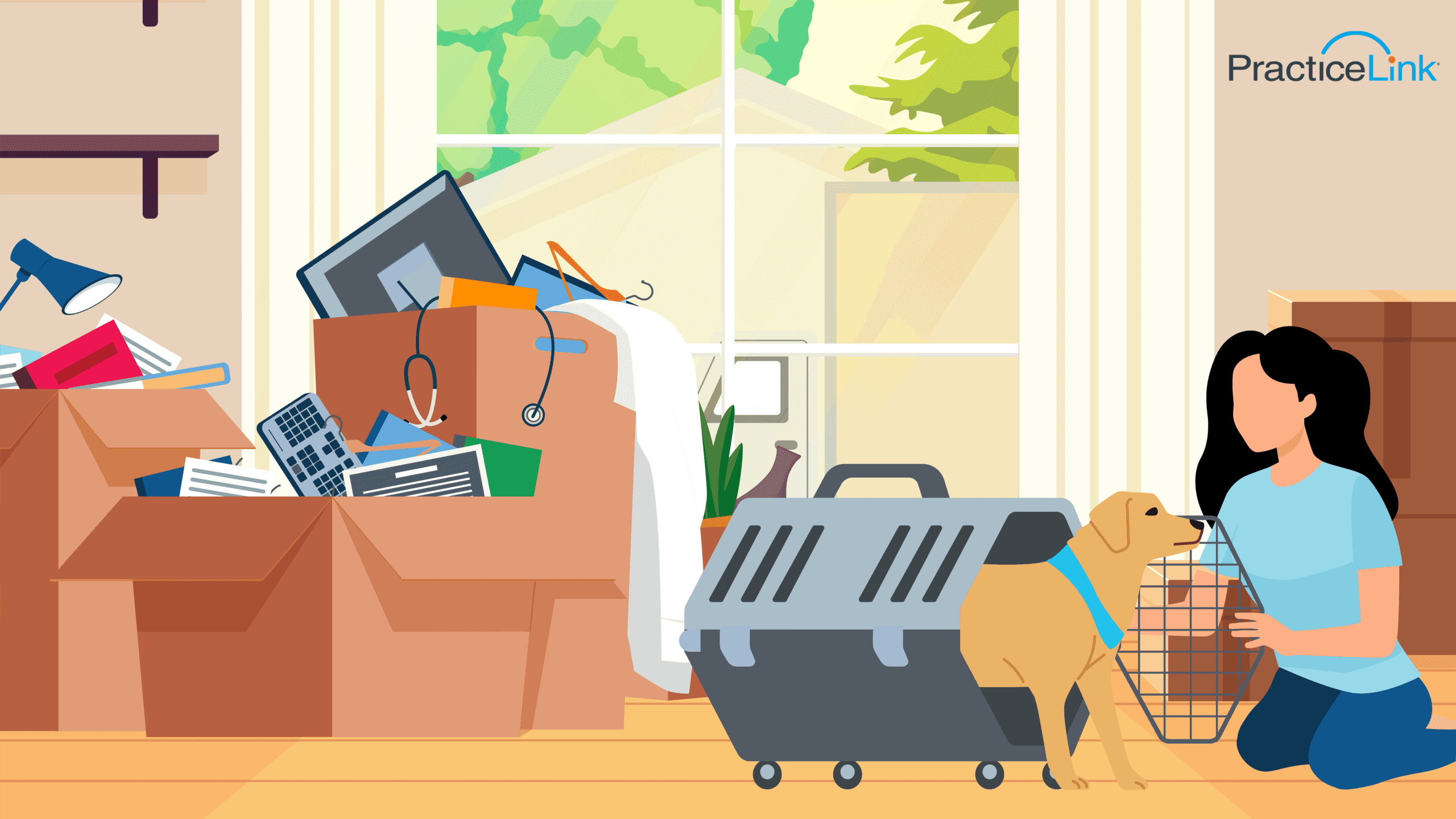 A physician at home preparing for relocation with their pet.