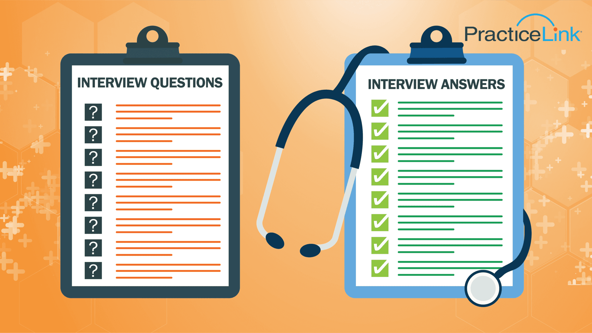 Physician interview question and answers on two physician clipboards.