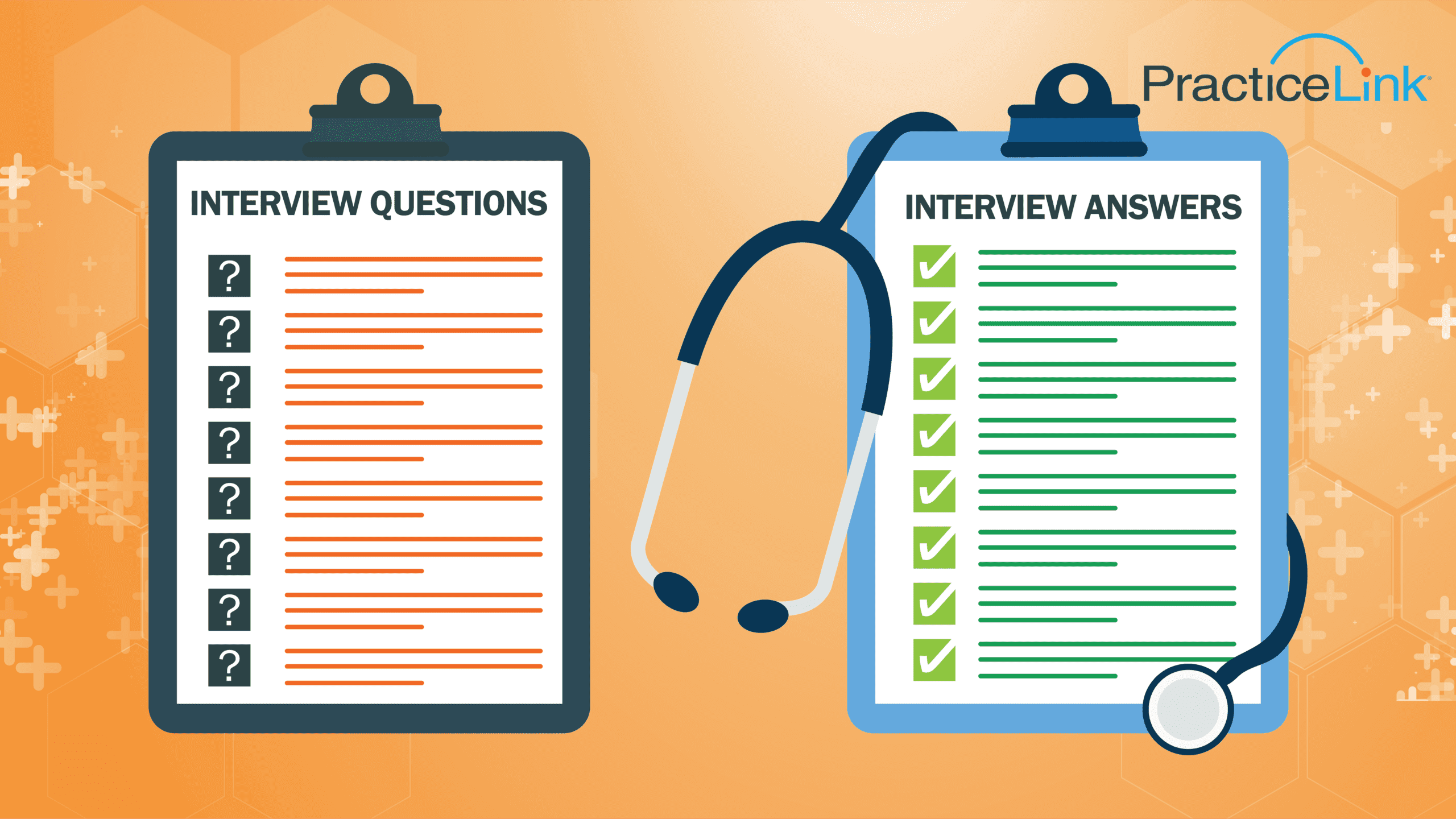 Physician interview question and answers on two physician clipboards.
